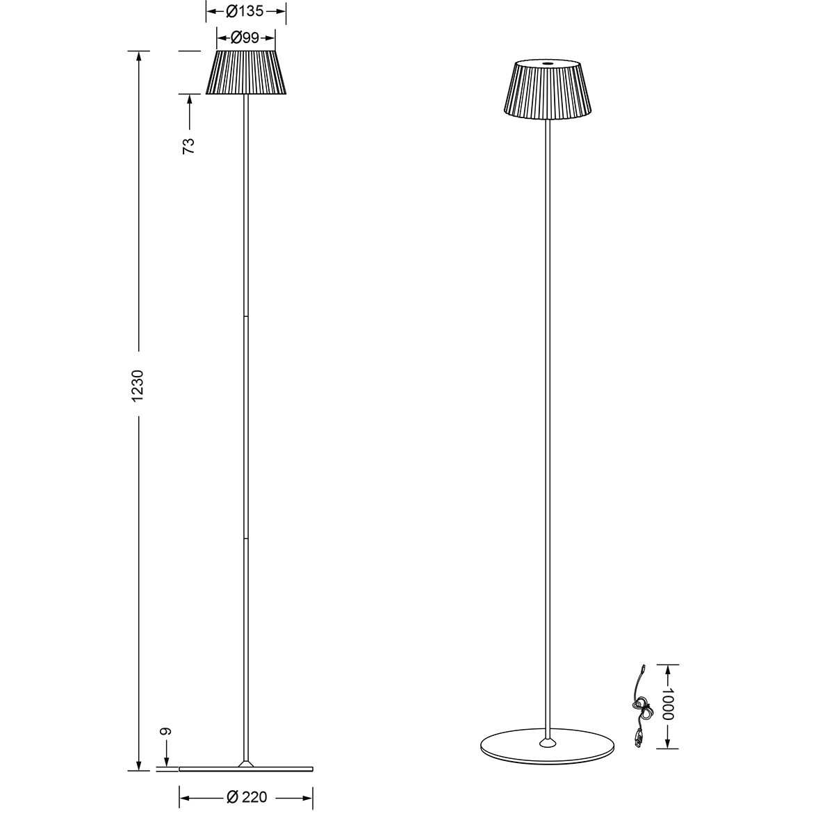 LED Lampadaire - Trion Uraz - 1.5W - Blanc Chaud 3000K - Étanche IP44 - USB Rechargeable - Rond - Blanc Mat - Métal