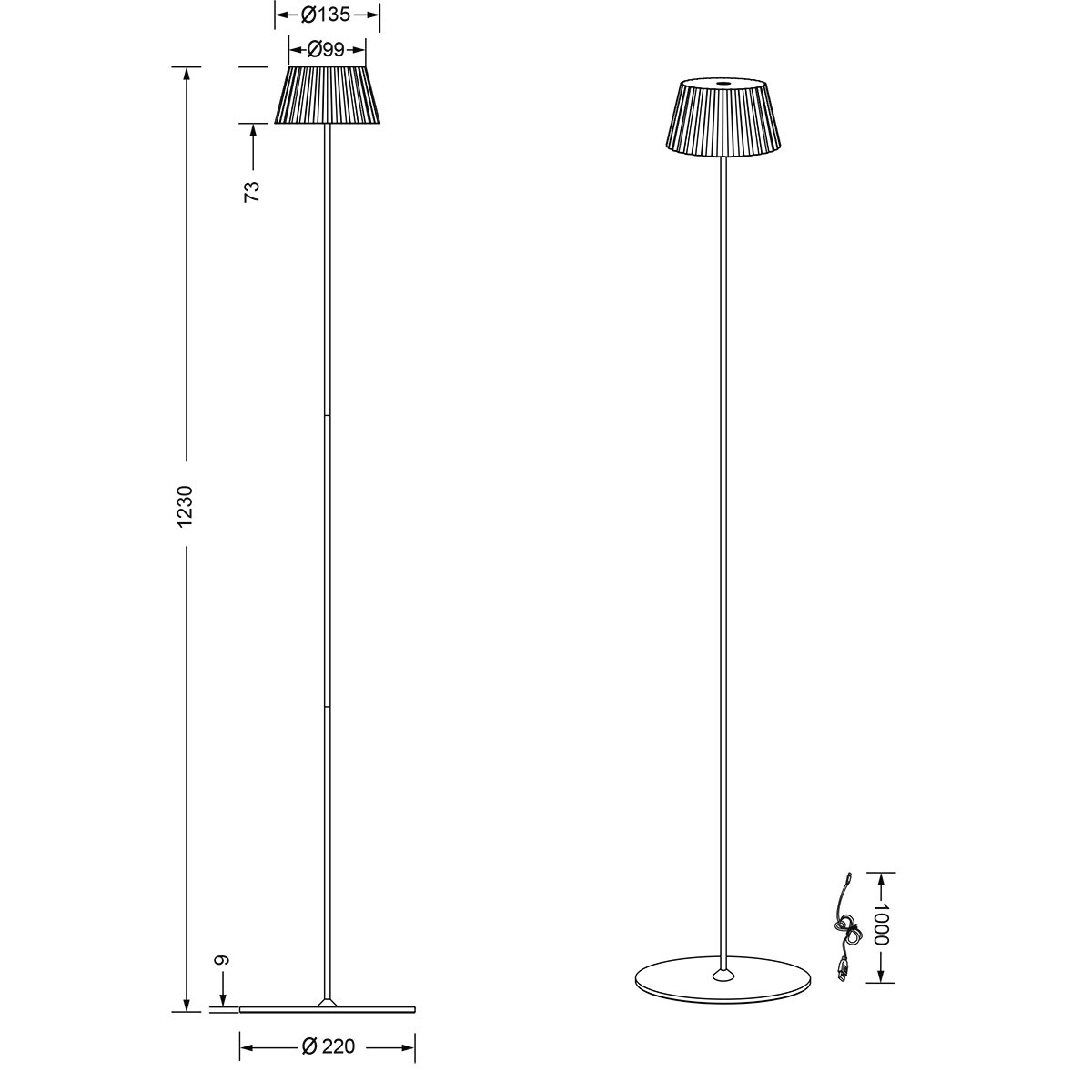 LED Lampadaire - Trion Uraz - 1.5W - Blanc Chaud 3000K - Étanche IP44 - USB Rechargeable - Rond - Noir Mat - Métal