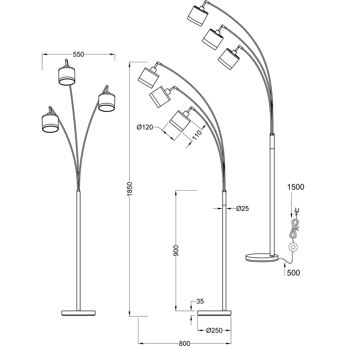 Lampadaire LED - Trion Vamos - Douille E14 - 3-lumières - Rond - Mat Noir - Métal