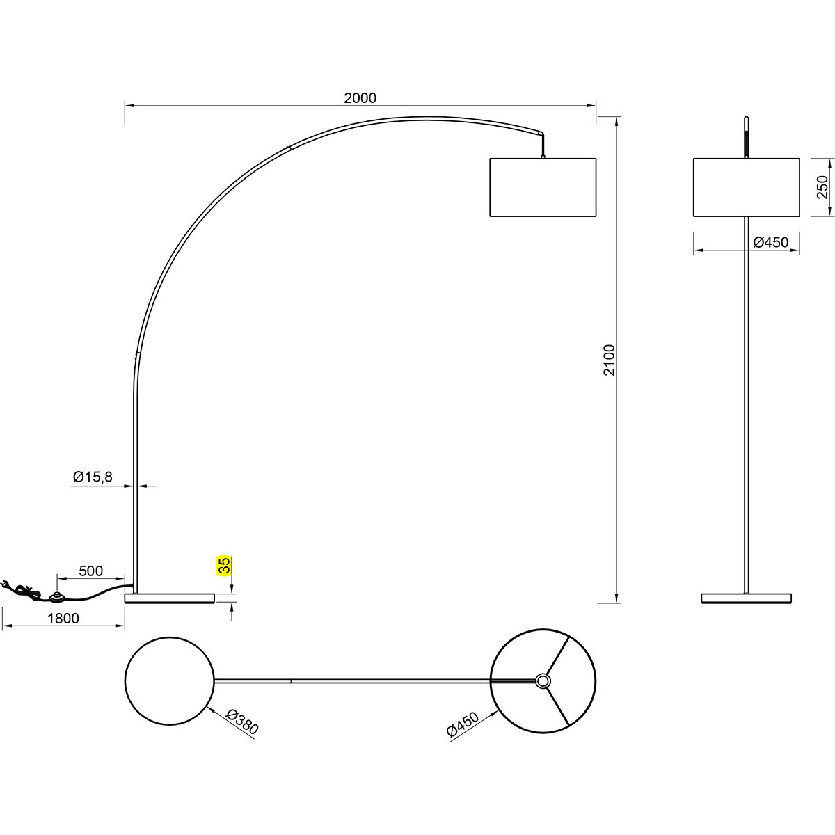 Lampadaire LED - Trion Yavas - Douille E27 - Interrupteur au pied - Rond - Blanc Mat - Métal