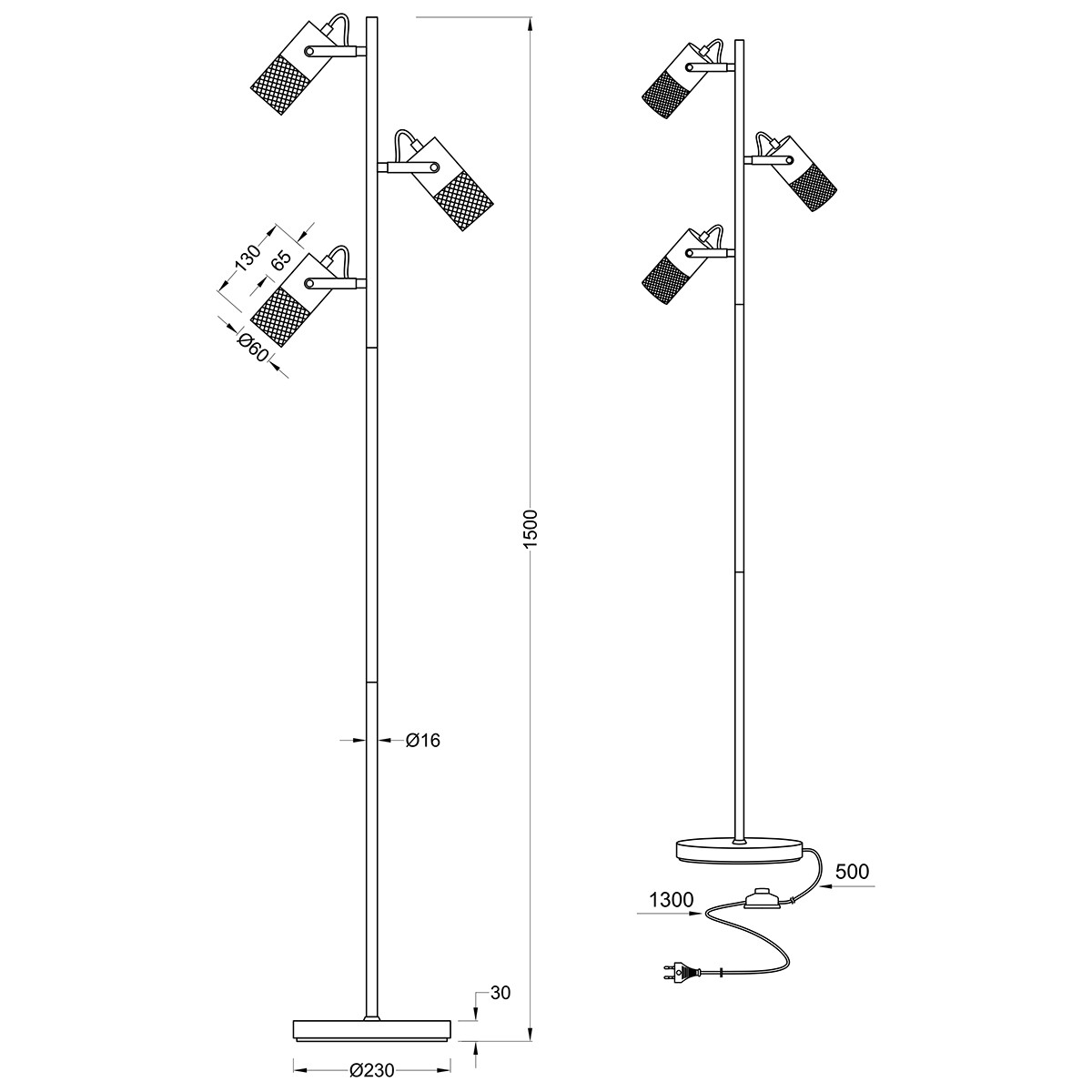 Lampadaire LED - Trion Yosh - Douille E14 - Rond - Mat Noir - Aluminium