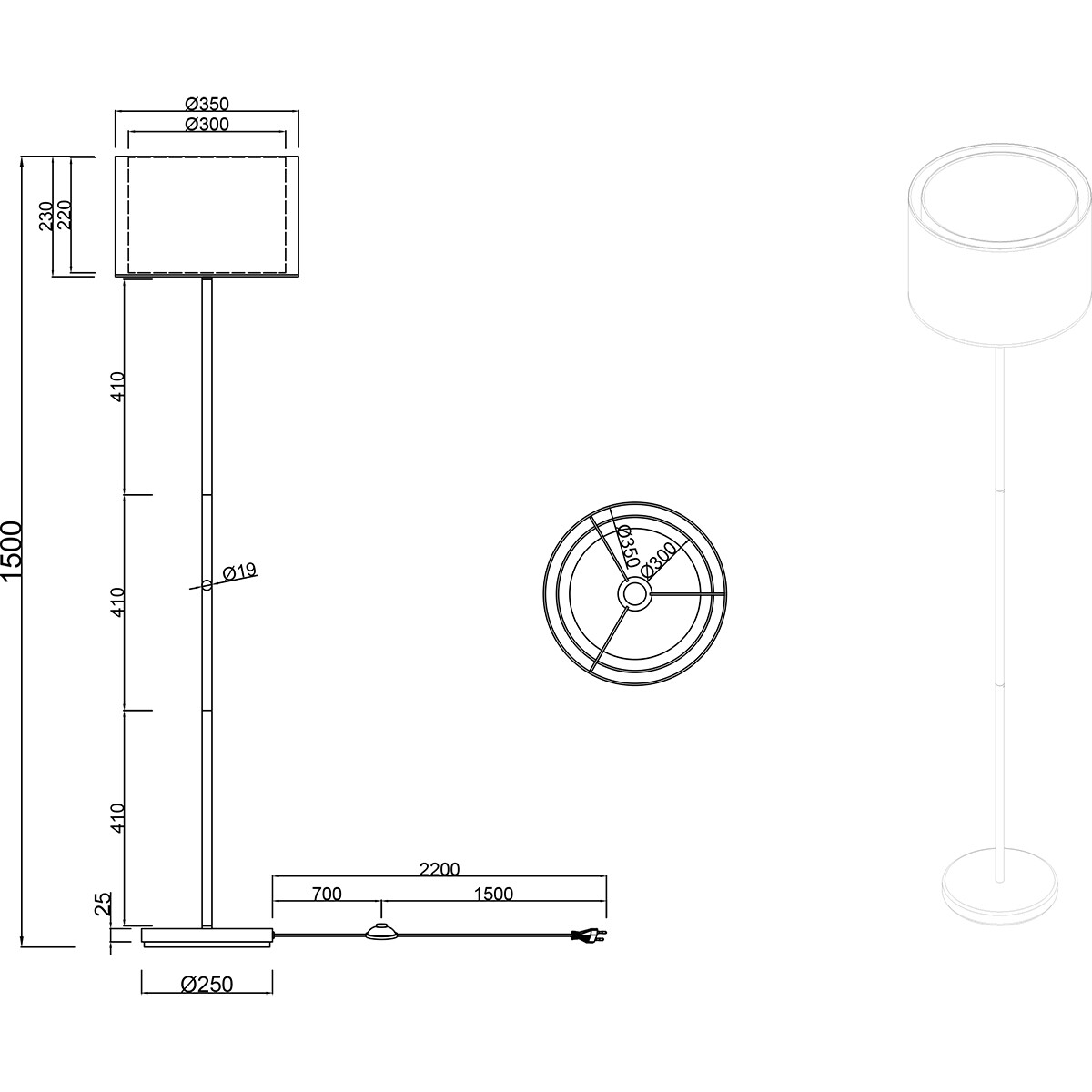 Lampadaire LED - Éclairage de sol - Trion Bidon - Douille E27 - 1-lumière - Rond - Mat Noir - Aluminium - Jusqu'à 40W