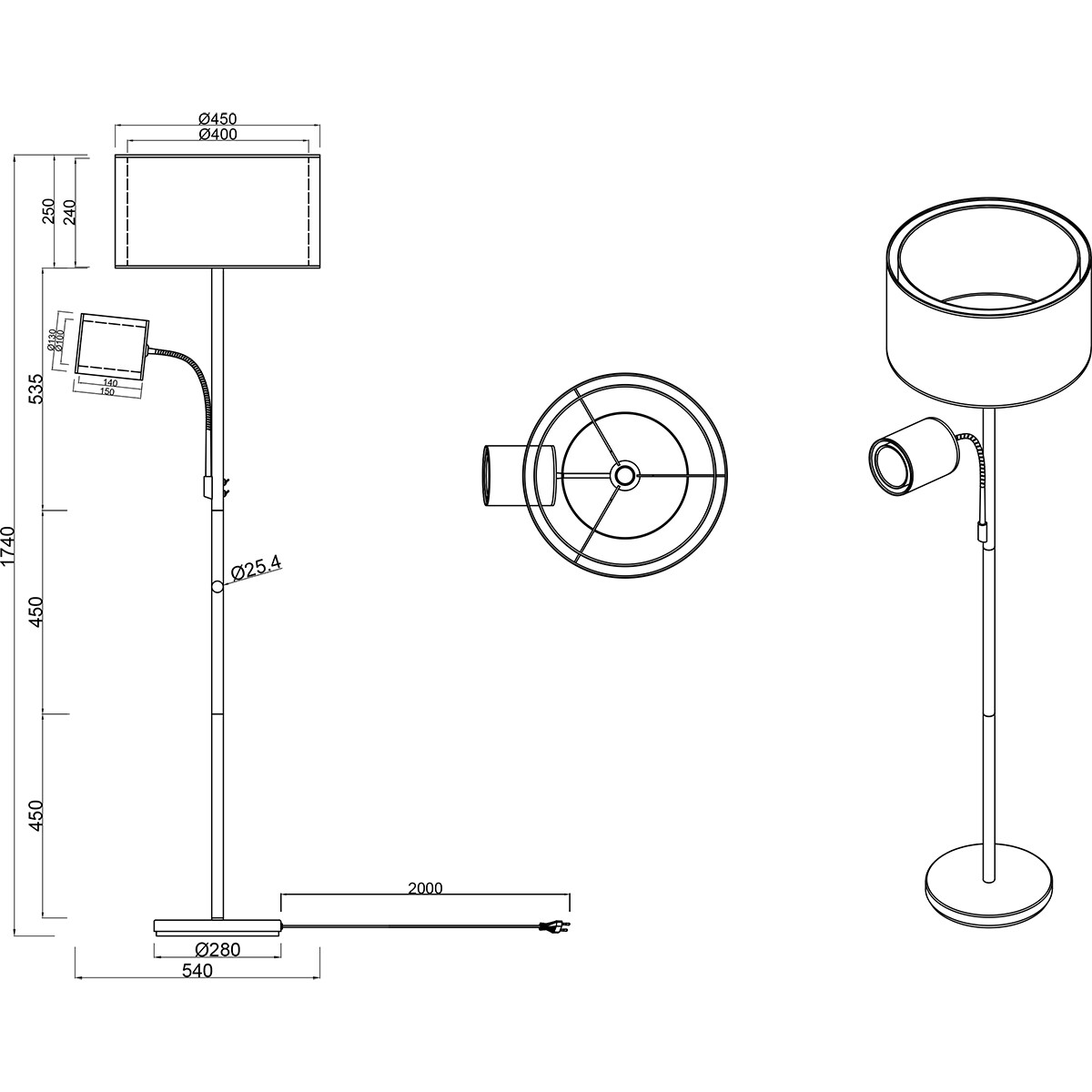 Lampadaire LED - Éclairage de sol - Trion Bidon - Douille E27 - 1-lumière - Rond - Mat Noir - Aluminium - Jusqu'à 60W