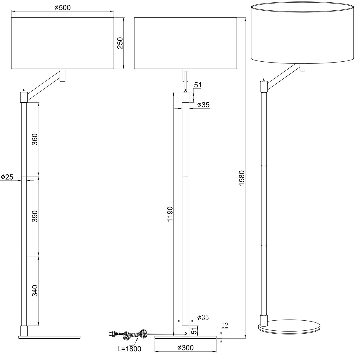 Lampadaire LED - Éclairage de sol - Trion Cindy - Douille E27 - Rond - Mat Or - Aluminium