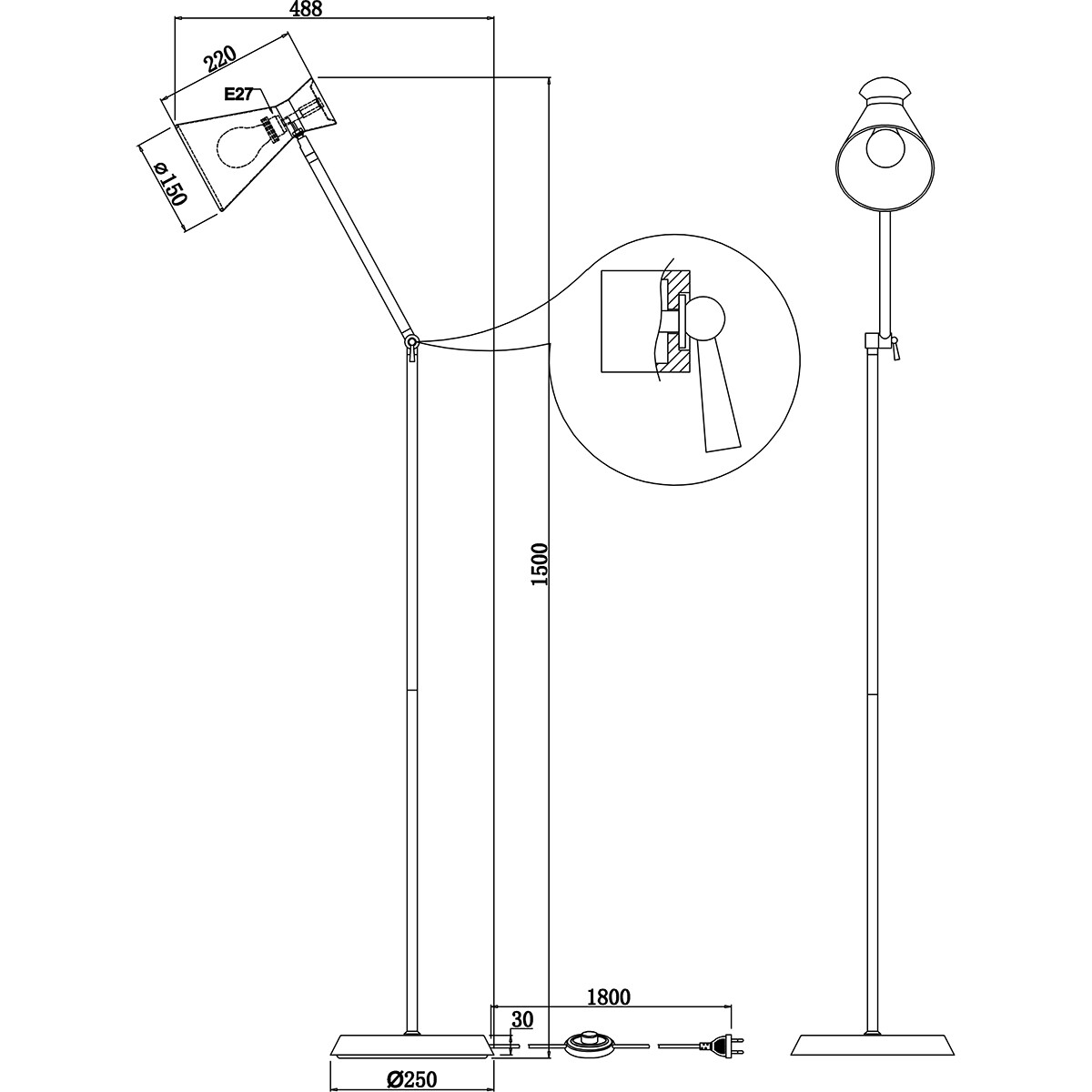 Lampadaire LED - Éclairage de sol - Trion Ewomi - Douille E27 - Rond - Mat Nickel - Aluminium