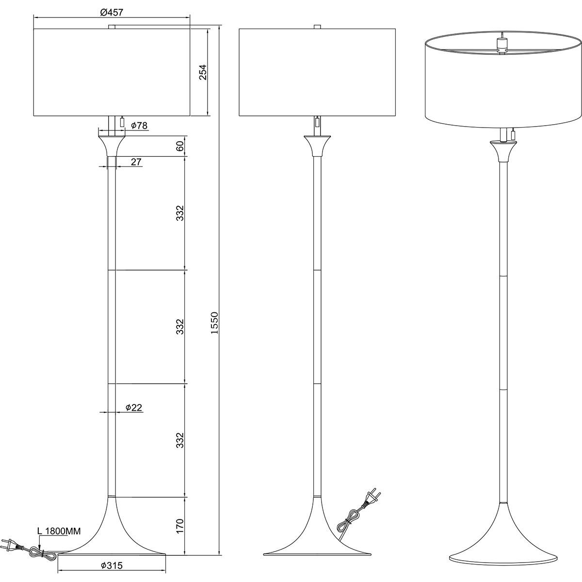 Lampadaire LED - Éclairage de sol - Trion Safari - Douille E27 - 3-lumières - Rond - Mat Noir - Aluminium