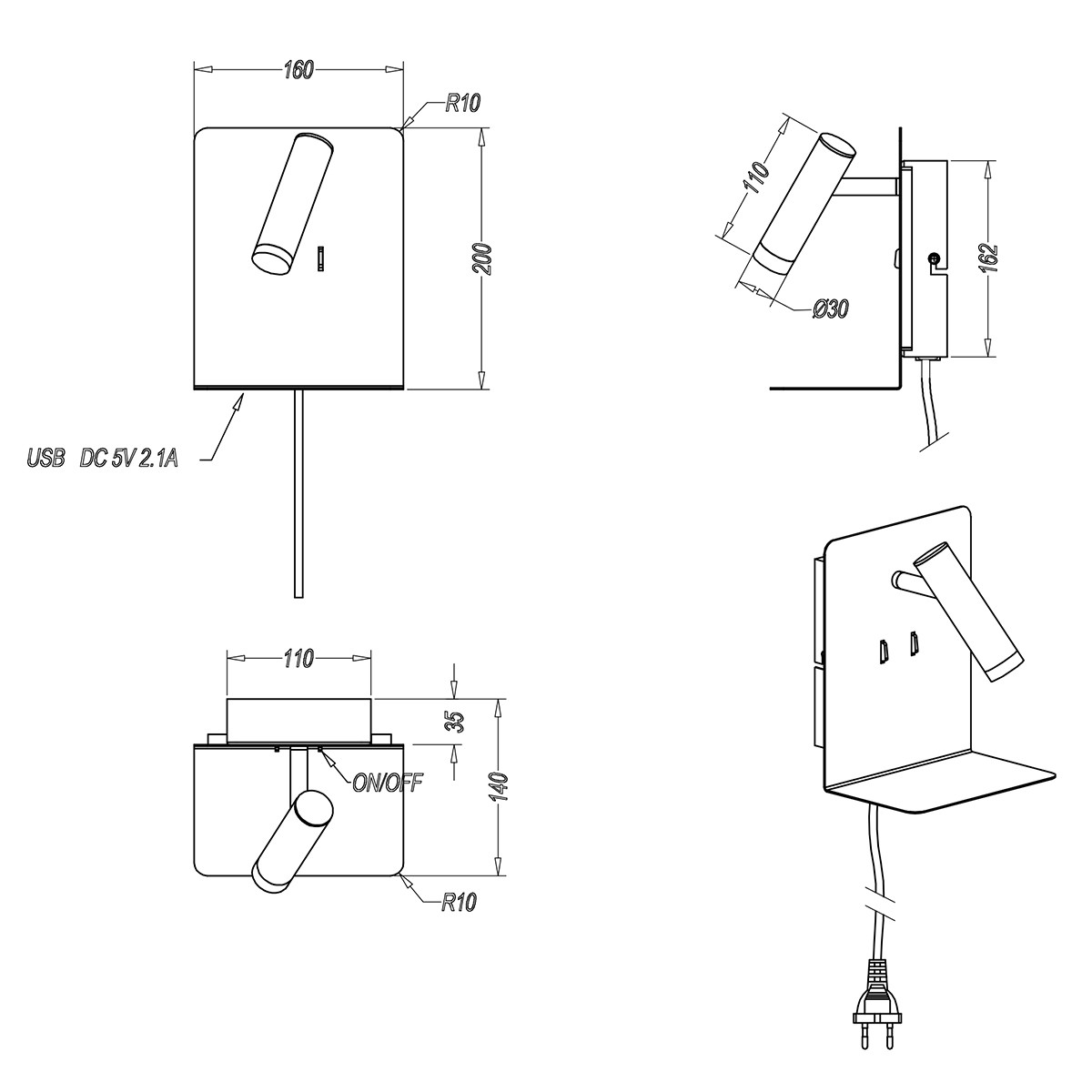 Applique Murale LED - Trion Elonant - 6W - Blanc Chaud 3000K - Fonction de chargement USB - Mat Blanc - Aluminium