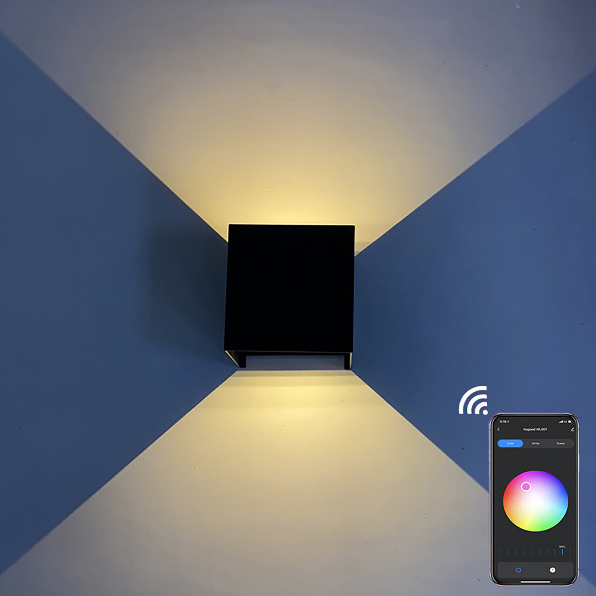 Applique Murale LED - Haut et Bas - 9W - WiFi + Bluetooth Intelligent - RGBW - Dimmable - Angle de Rayonnement Réglable - Cube - Noir - Pour l'extérieur et l'intérieur - Étanche IP65