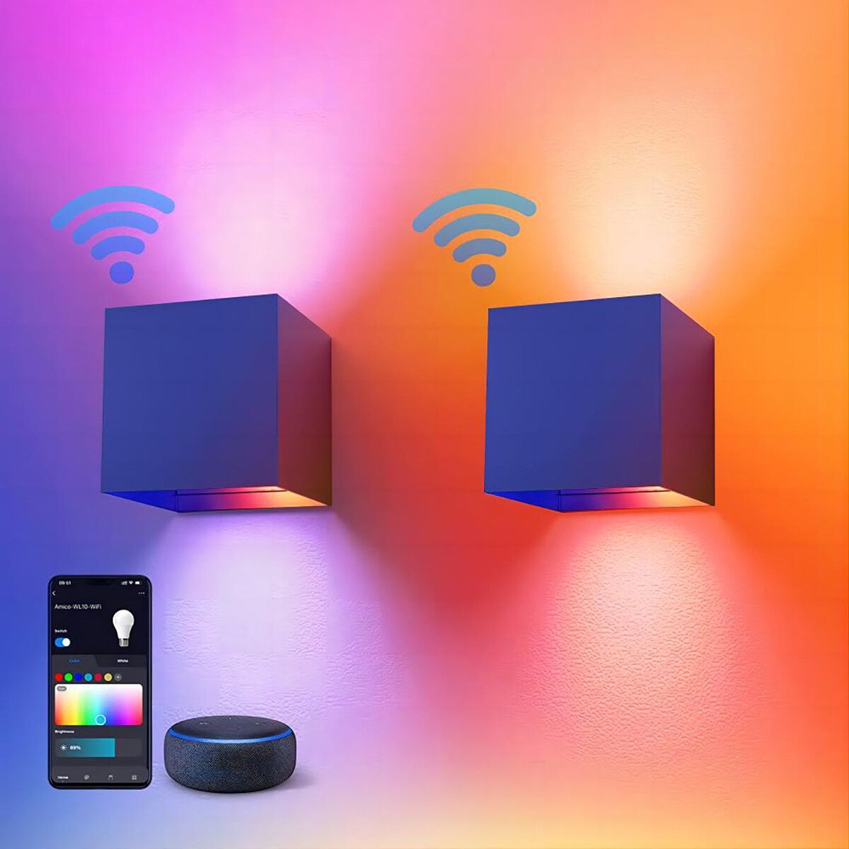 Applique Murale LED - Haut et Bas - 9W - WiFi + Bluetooth Intelligent - RGBW - Dimmable - Angle de Rayonnement Réglable - Cube - Noir - Pour l'extérieur et l'intérieur - Étanche IP65