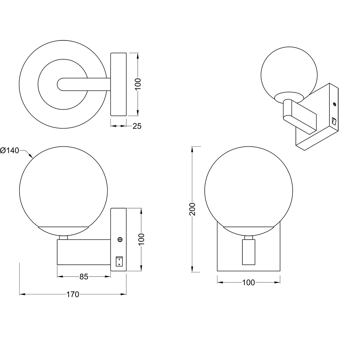 Applique murale LED - Éclairage mural - Trion Aluk - Douille E14 - Rond - Noir Mat - Métal