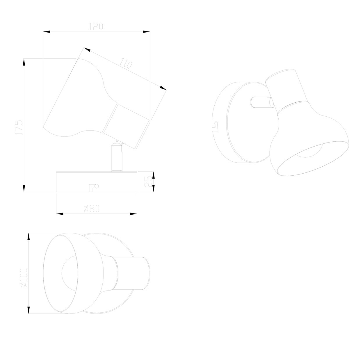 Spot mural LED - Trion Livori - Douille E14 - 1 lumière - Rond - Blanc Mat - Métal