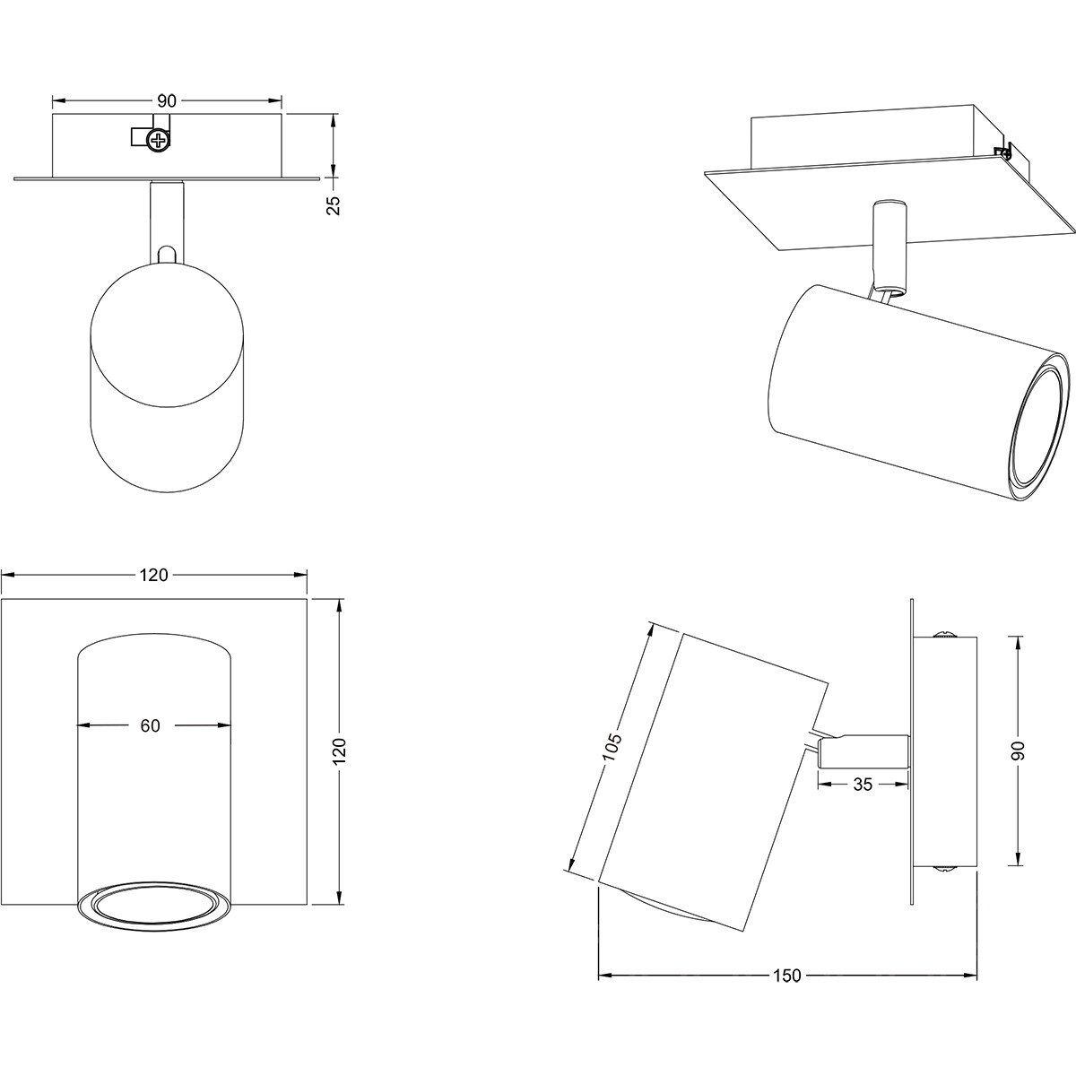 Spot Applique LED - Trion Milona - Douille GU10 - 1-lumière - Rond - Mat Noir/Or - Aluminium