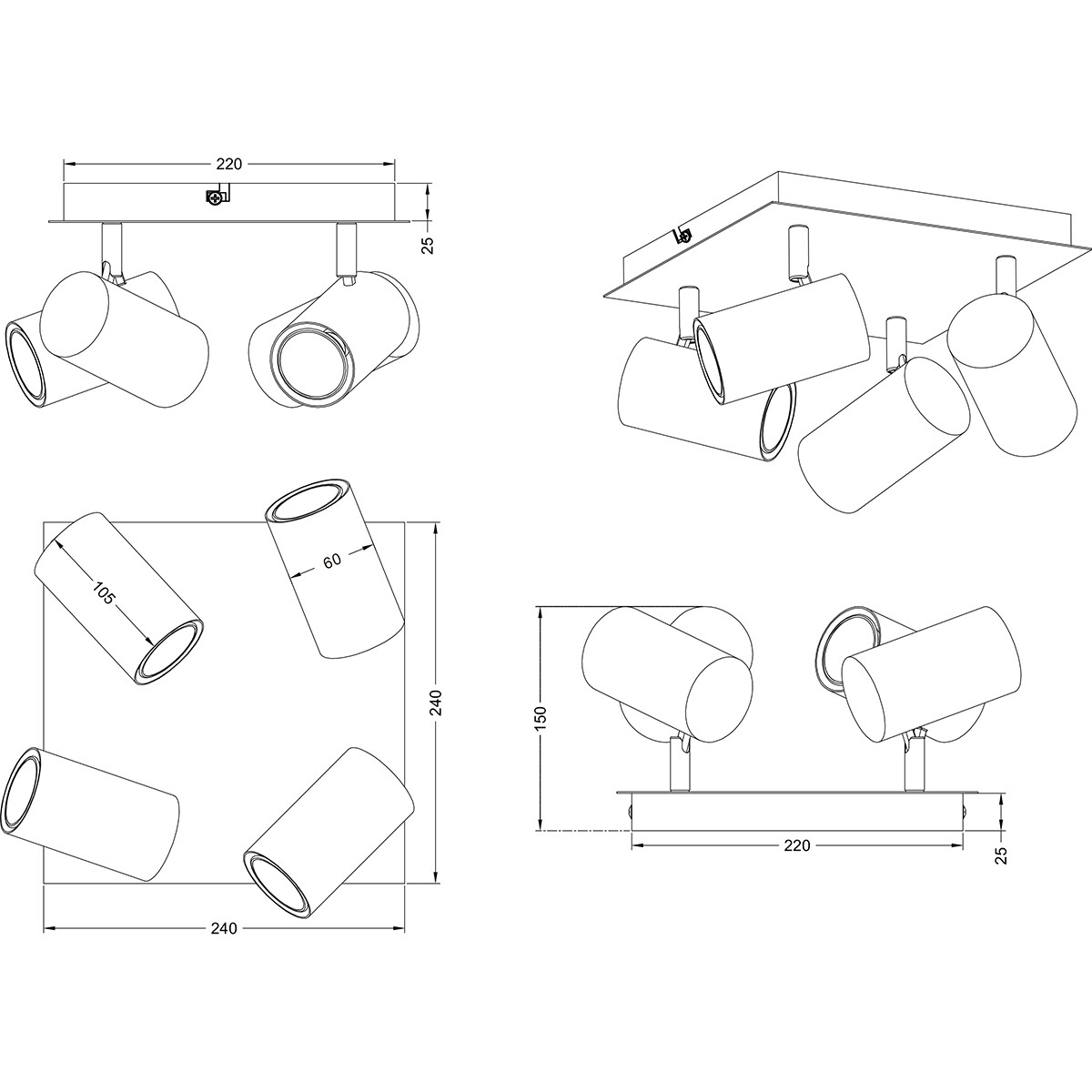 Spot de plafond LED - Trion Milona - Douille GU10 - 4-lumières - Rond - Mat Noir/Or - Aluminium