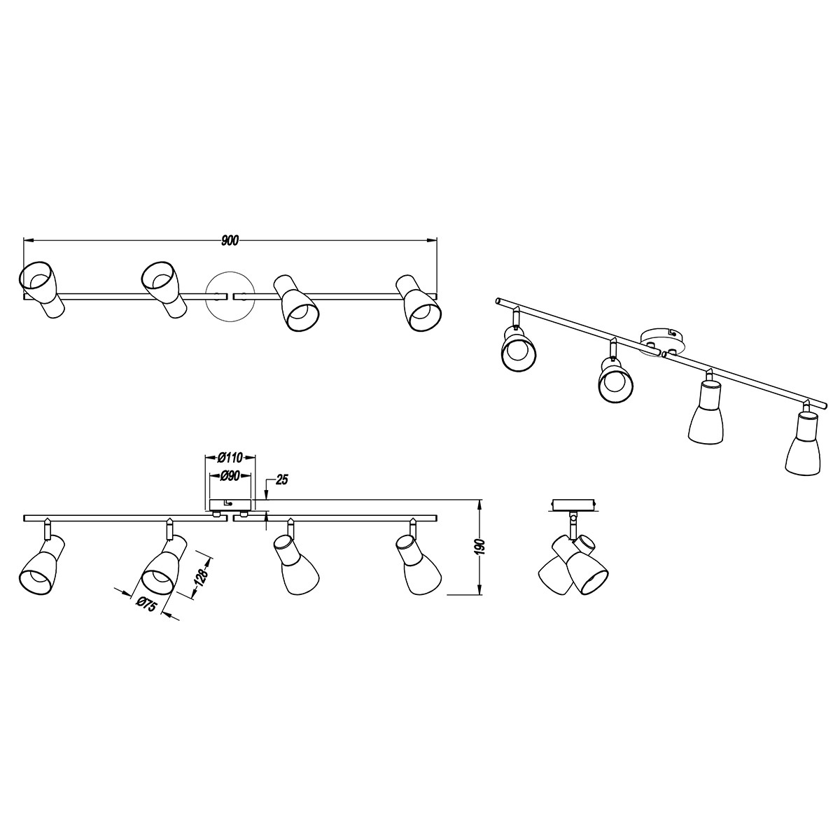 Spot de plafond LED - Trion Vosta - Douille E14 - 16W - Blanc Chaud 3000K - 4-lumières - Rectangle - Mat Nickel - Aluminium