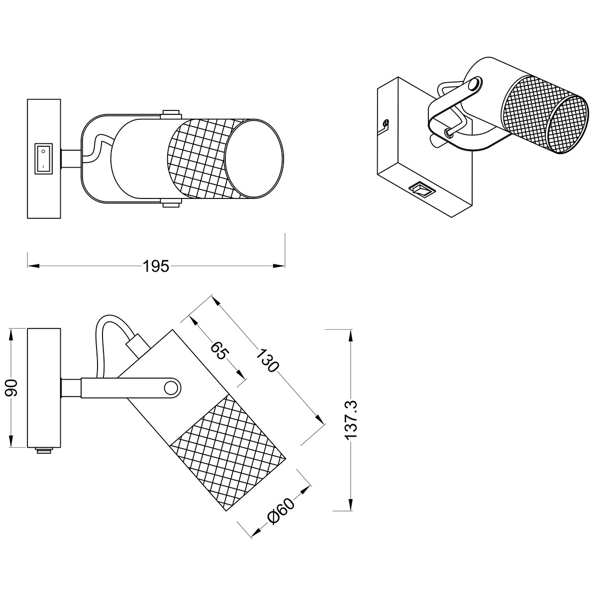 Spot Applique LED - Trion Yosh - Douille E14 - 1-lumière - Carré - Mat Noir - Aluminium