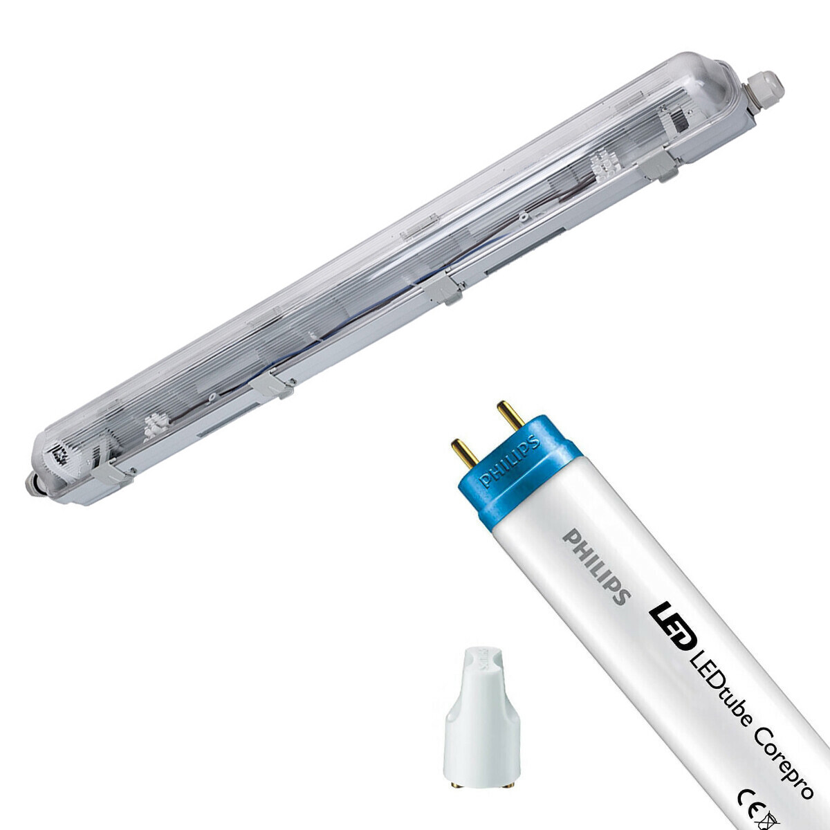 Réglette étanche LED avec tube T8 - Velvalux Strela - 60cm - Simple - Connectable - Étanche IP65 - Philips - CorePro LEDtube EM 840 - 8W - Blanc Naturel 4000K | Remplace 18W