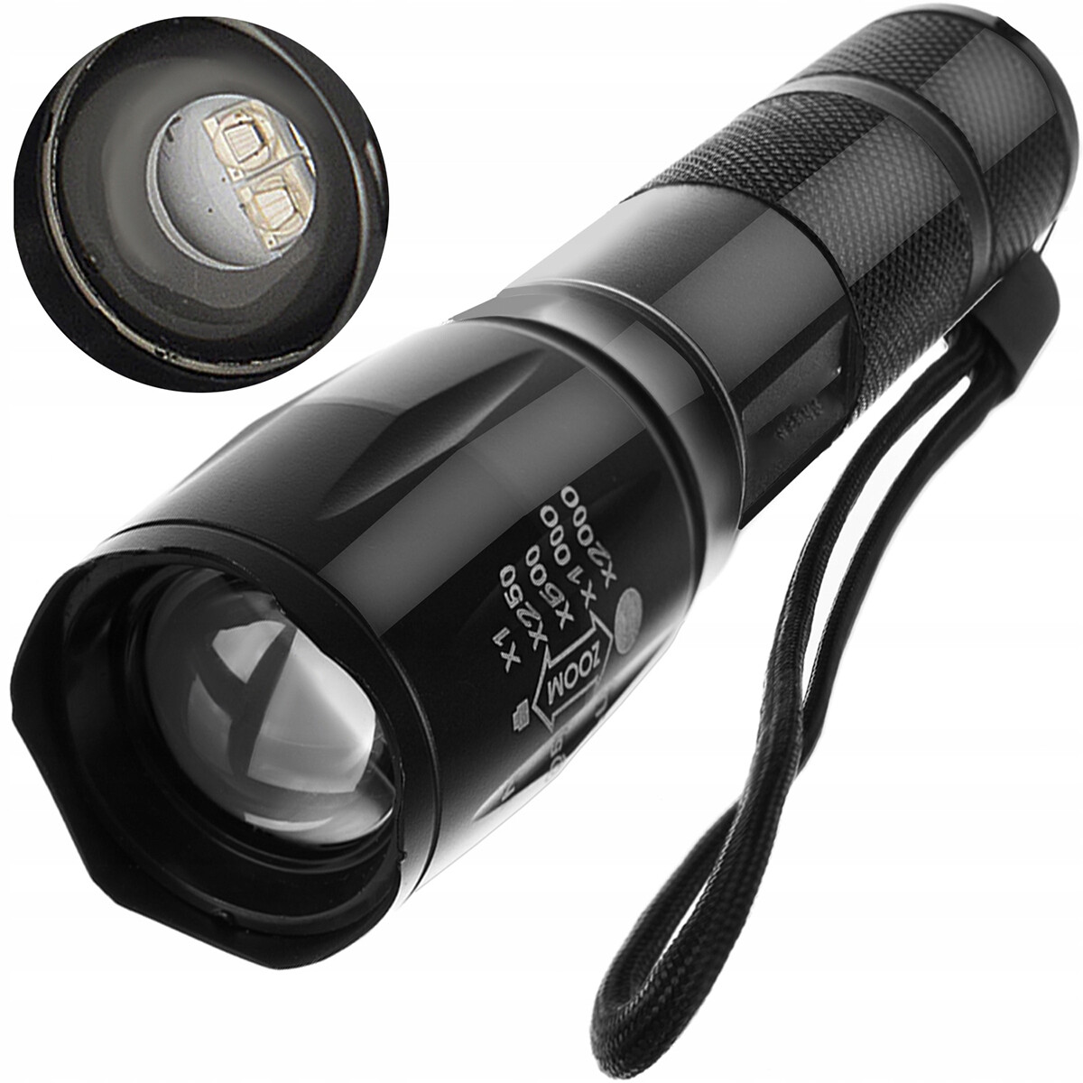 Lampe Torche LED - Maxozo Xona - 300 Mètres de Portée - 3000 Lumens - Lampe de poche UV avec fonction zoom - 4 Positions - Étanche - Lampe de poche militaire ultra-puissante - Incl. Chargeur - Aluminium