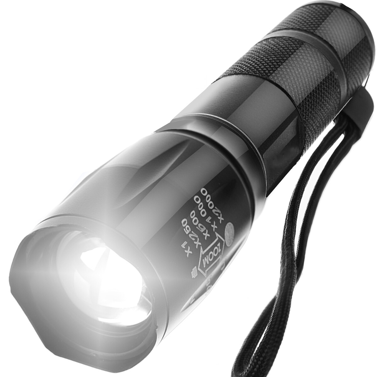 Lampe Torche LED - Maxozo Xona - 300 Mètres de Portée - 3000 Lumens - Lampe de poche UV avec fonction zoom - 4 Positions - Étanche - Lampe de poche militaire ultra-puissante - Incl. Chargeur - Aluminium