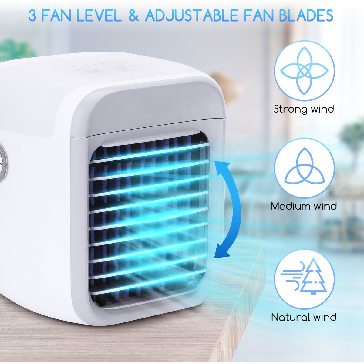 Mini Refroidisseur d'Air avec Éclairage LED - Aigi Cuby - Ventilateur Brumisateur - Mini Ventilateur de Table - Rafraîchisseur d'Air - Rechargeable par USB - Blanc