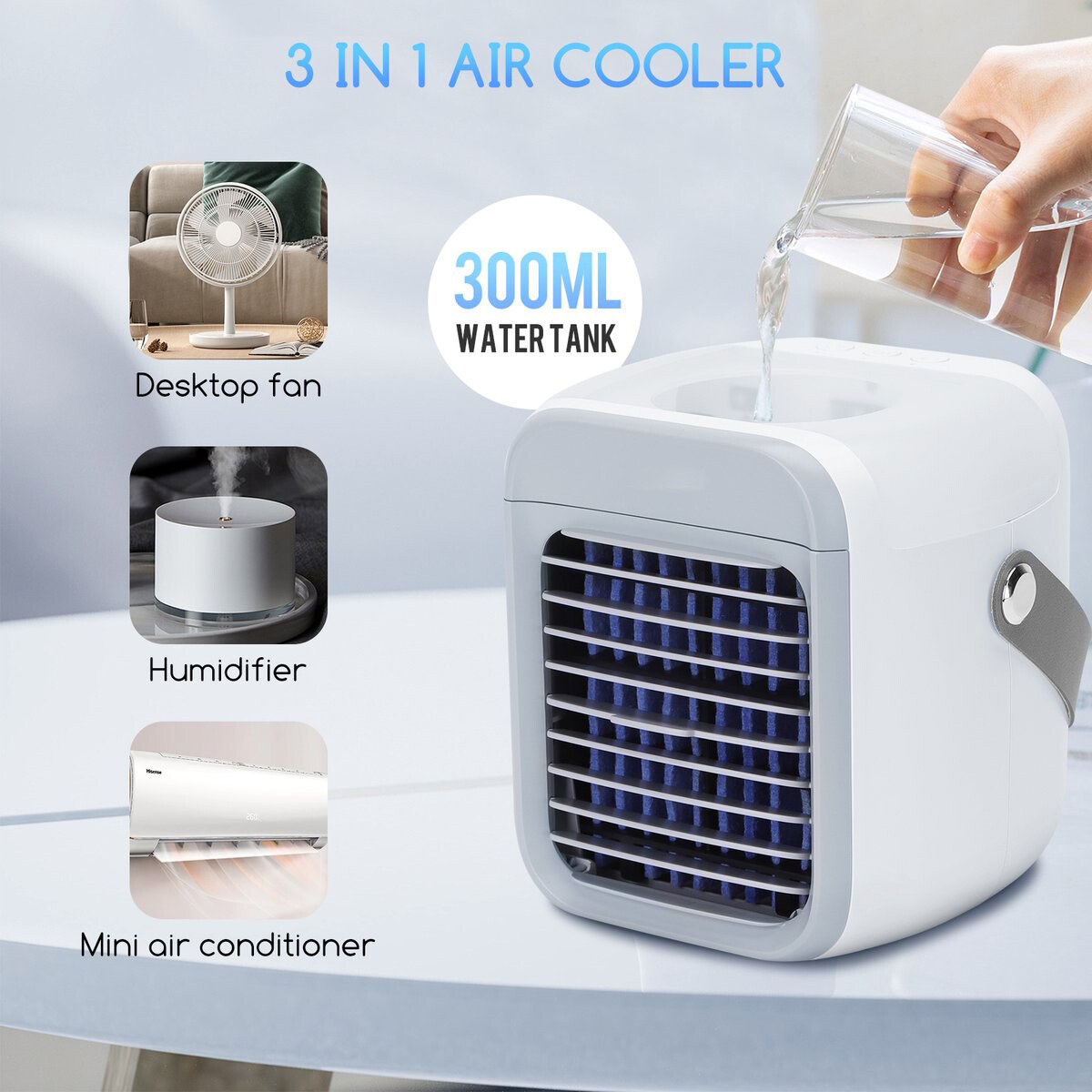 Mini Refroidisseur d'Air avec Éclairage LED - Aigi Cuby - Ventilateur Brumisateur - Mini Ventilateur de Table - Rafraîchisseur d'Air - Rechargeable par USB - Blanc