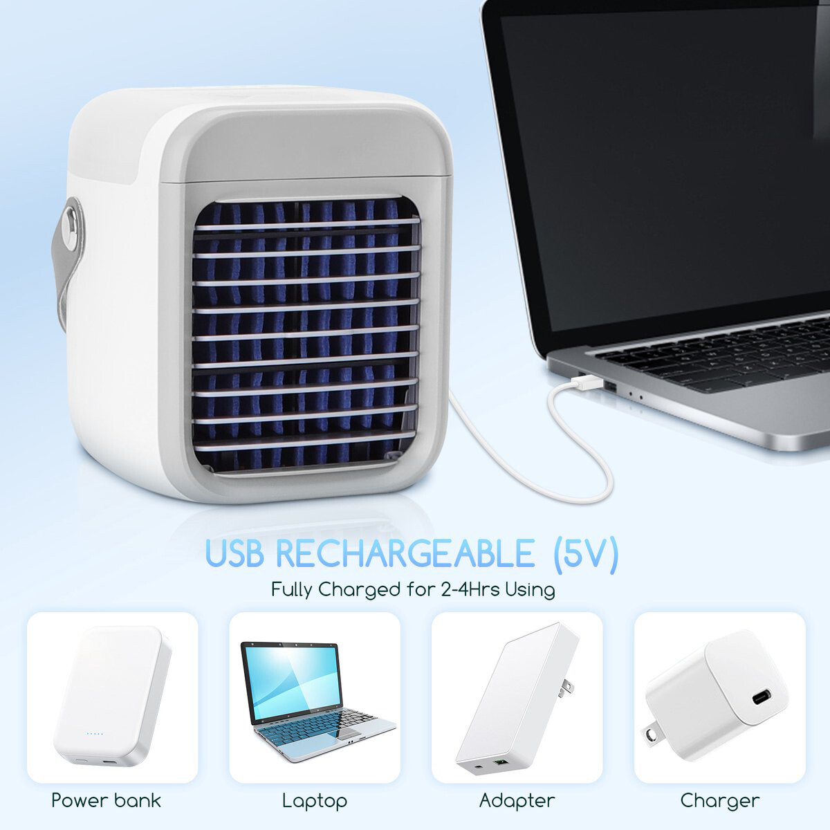 Mini Refroidisseur d'Air avec Éclairage LED - Aigi Cuby - Ventilateur Brumisateur - Mini Ventilateur de Table - Rafraîchisseur d'Air - Rechargeable par USB - Blanc