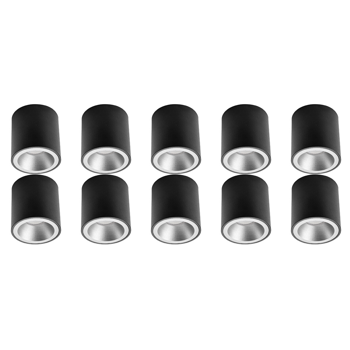 Spot de Plafond 10 Pack - Pragmi Cliron Pro - Douille GU10 - En Saillie Rond - Mat Noir/Argent - Aluminium - Encastré - Ø90mm