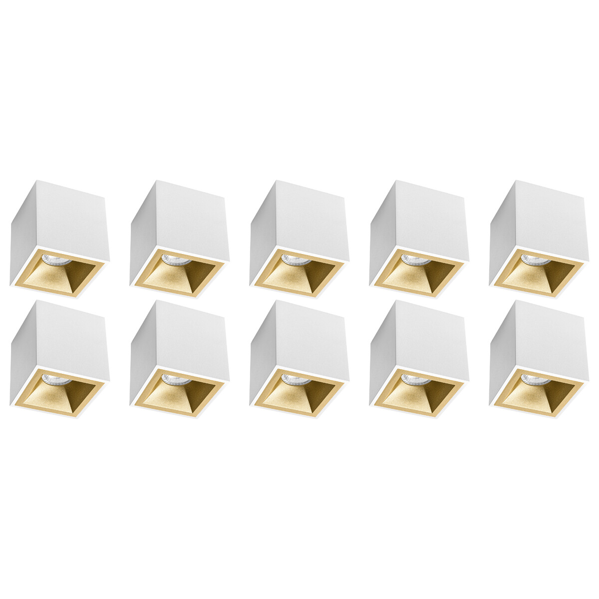 Spot de Plafond 10 Pack - Pragmi Cliron Pro - Douille GU10 - En Saillie Carré - Mat Blanc/Or - Aluminium - Encastré - Ø90mm