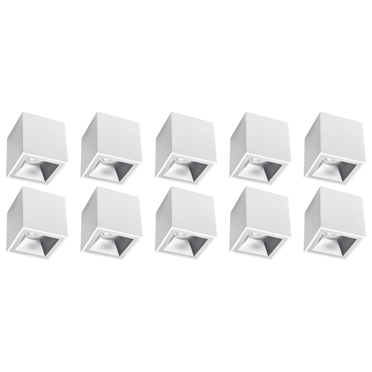 Spot de Plafond 10 Pack - Pragmi Cliron Pro - Douille GU10 - En Saillie Carré - Mat Blanc/Argent - Aluminium - Encastré - Ø90mm