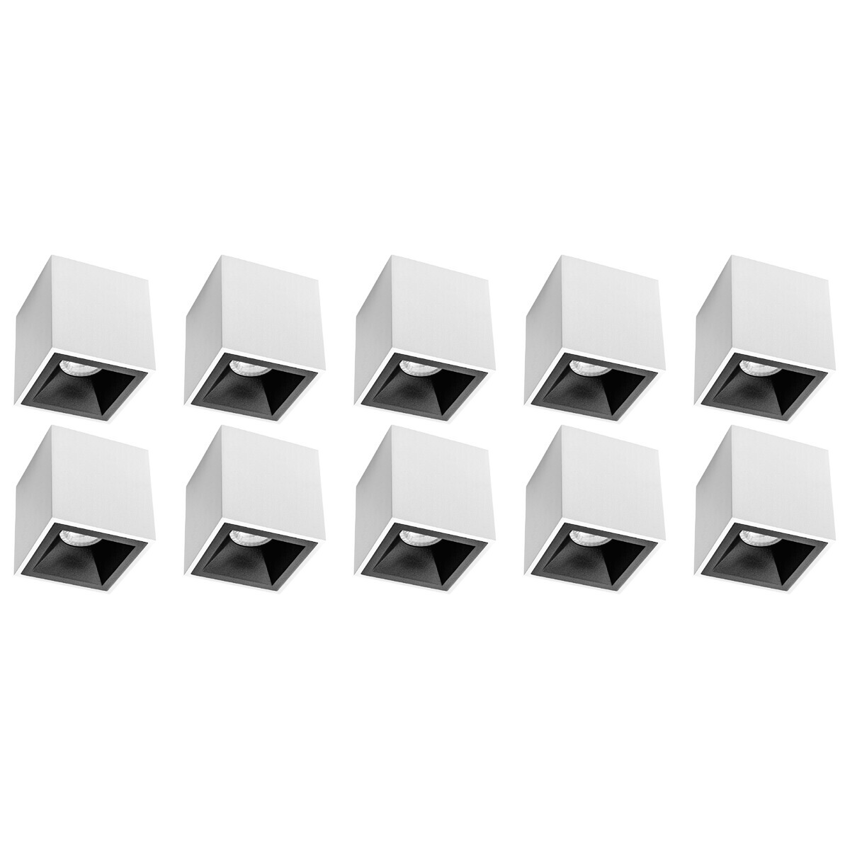 Spot de Plafond 10 Pack - Pragmi Cliron Pro - Douille GU10 - En Saillie Carré - Mat Blanc/Noir - Aluminium - Encastré - Ø90mm