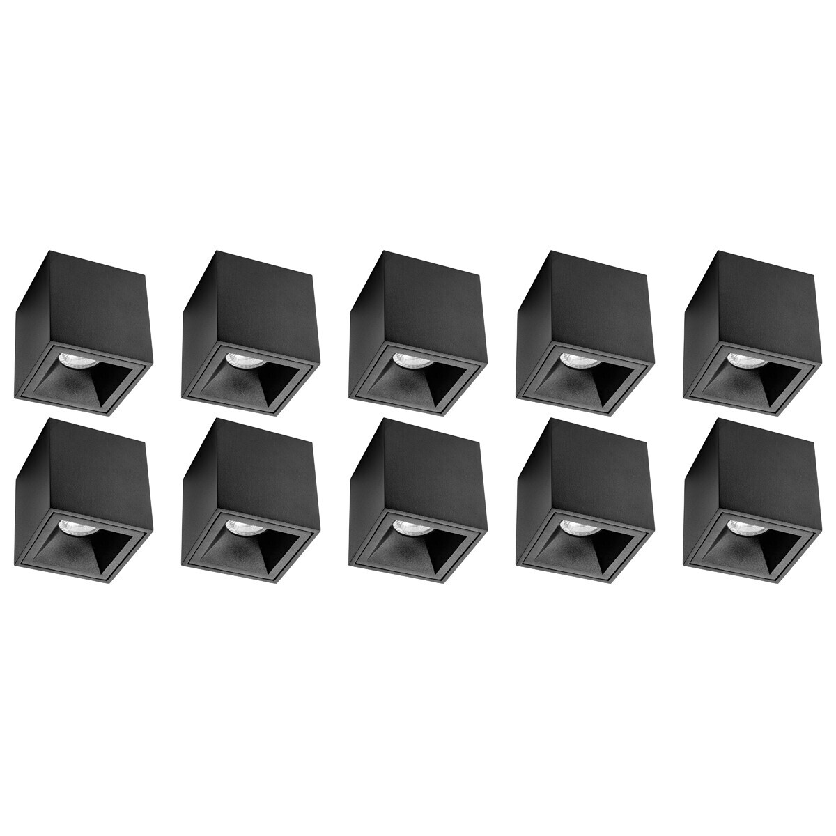 Spot de Plafond 10 Pack - Pragmi Cliron Pro - Douille GU10 - En Saillie Carré - Mat Noir - Aluminium - Encastré - Ø90mm