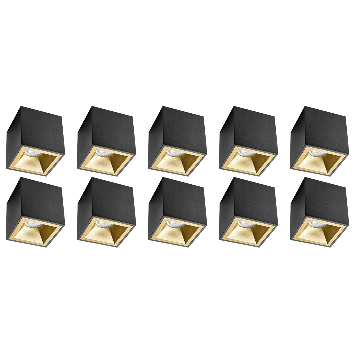 Spot de Plafond 10 Pack - Pragmi Cliron Pro - Douille GU10 - En Saillie Carré - Mat Noir/Or - Aluminium - Encastré - Ø90mm