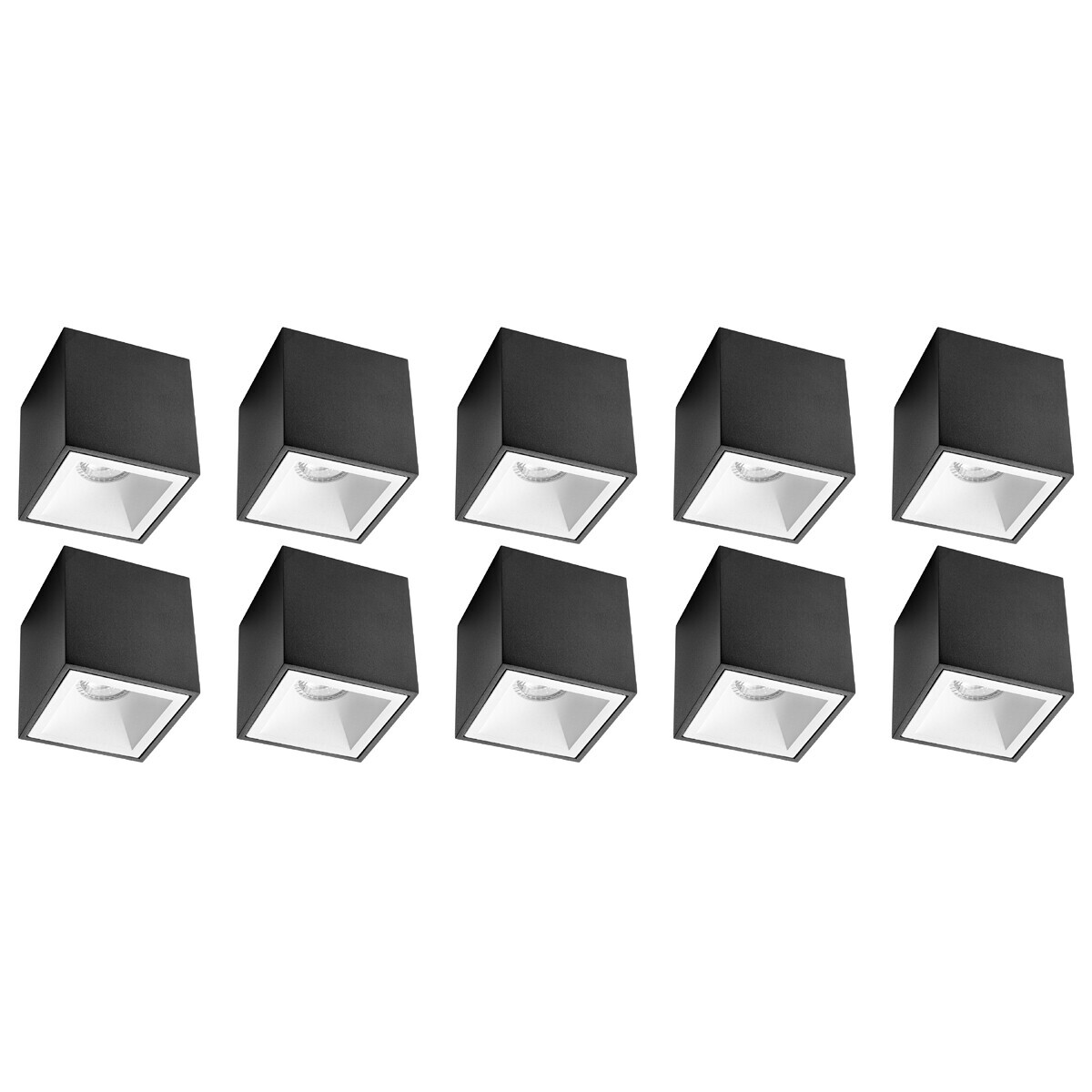 Spot de Plafond 10 Pack - Pragmi Cliron Pro - Douille GU10 - En Saillie Carré - Mat Noir/Blanc - Aluminium - Encastré - Ø90mm