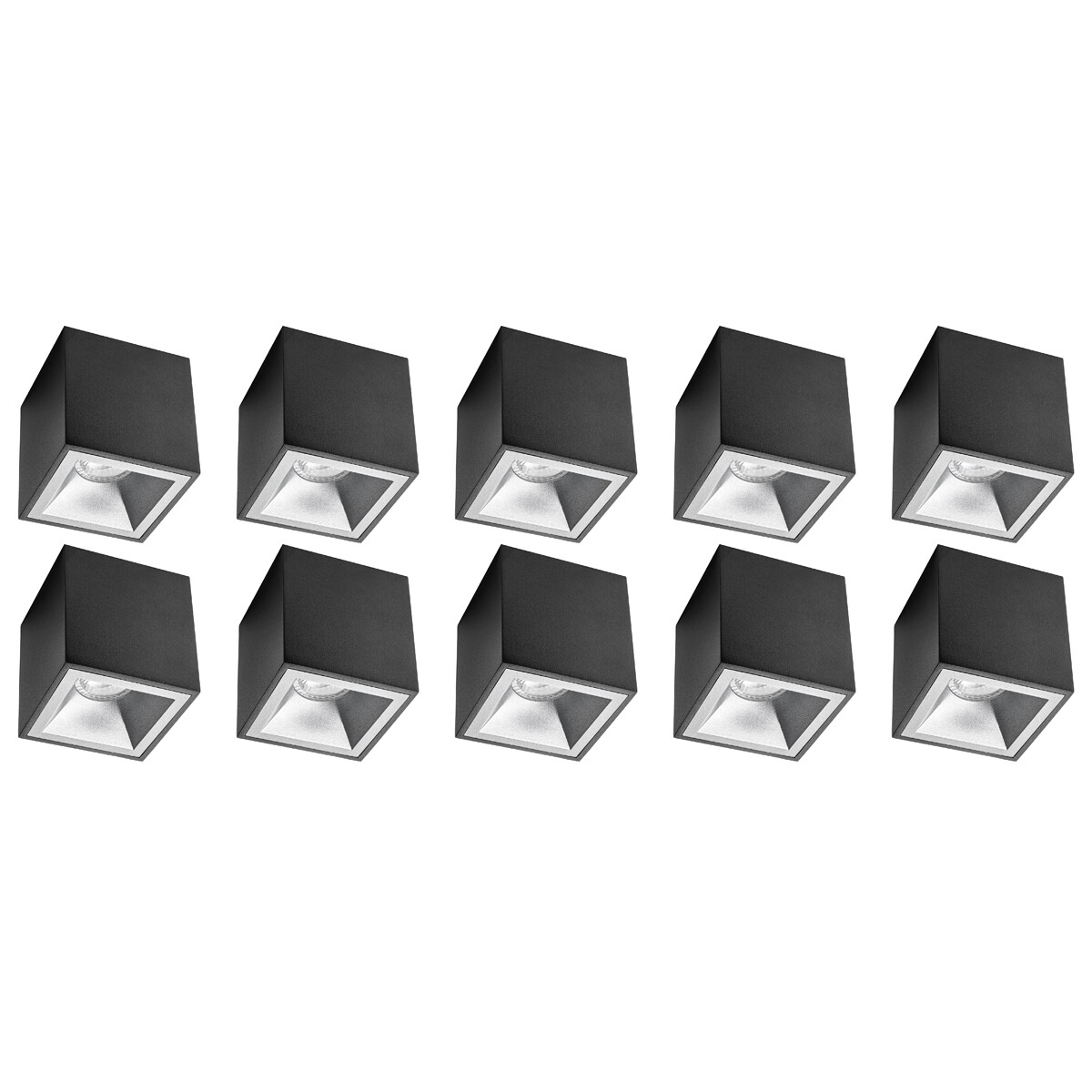 Spot de Plafond 10 Pack - Pragmi Cliron Pro - Douille GU10 - En Saillie Carré - Mat Noir/Argent - Aluminium - Encastré - Ø90mm