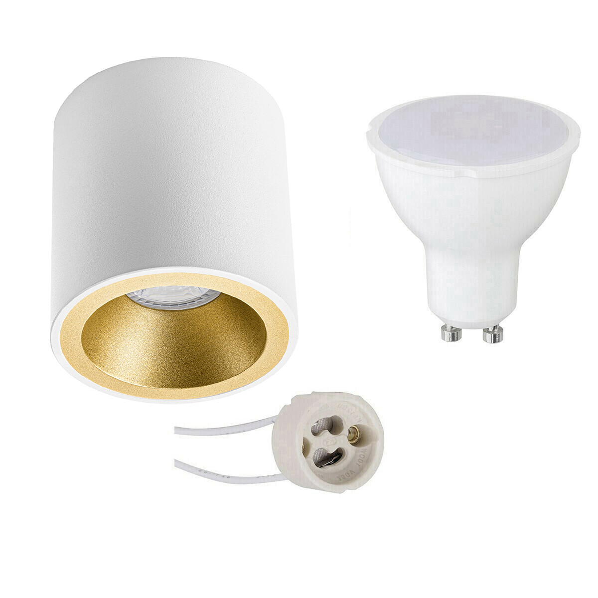 Ensemble de Spot de Plafond - Pragmi Cliron Pro - Douille GU10 - En Saillie Rond - Mat Blanc/Or - 4W - Blanc Chaud 3000K - Encastré - Ø90mm