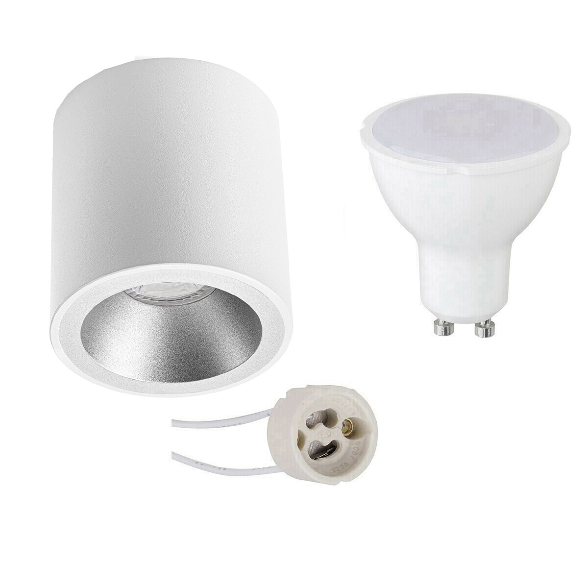 Ensemble de Spot de Plafond - Pragmi Cliron Pro - Douille GU10 - Dimmable - En Saillie Rond - Mat Blanc/Argent - 6W - Blanc Froid 6400K - Encastré - Ø90mm