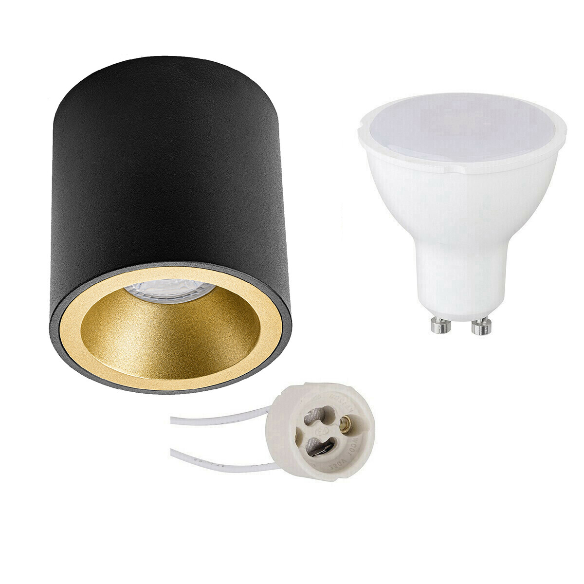 Ensemble de Spot de Plafond - Pragmi Cliron Pro - Douille GU10 - Dimmable - En Saillie Rond - Mat Noir/Or - 6W - Blanc Chaud 3000K - Encastré - Ø90mm