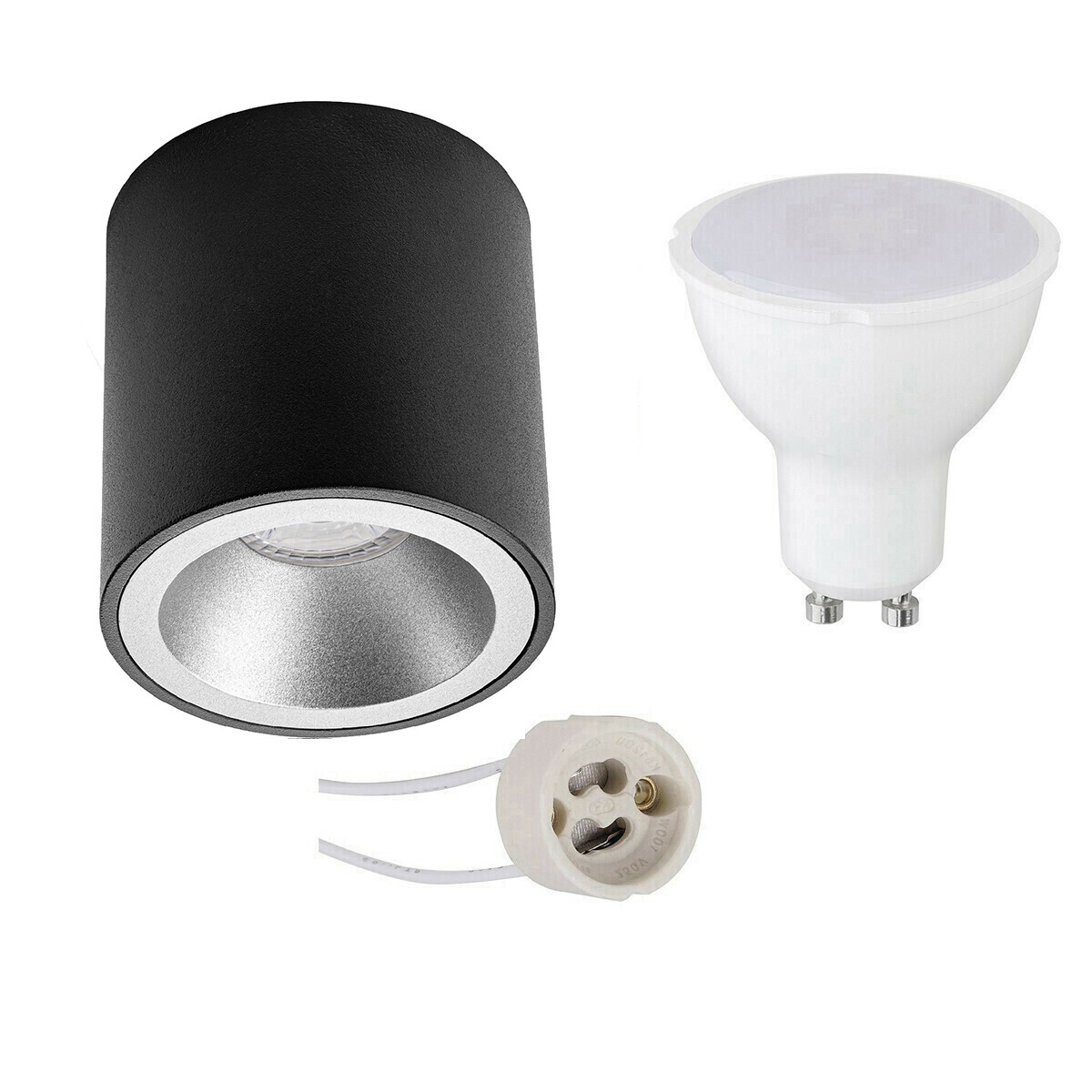 Ensemble de Spot de Plafond - Pragmi Cliron Pro - Douille GU10 - Dimmable - En Saillie Rond - Mat Noir/Argent - 6W - Blanc Neutre 4200K - Encastré - Ø90mm