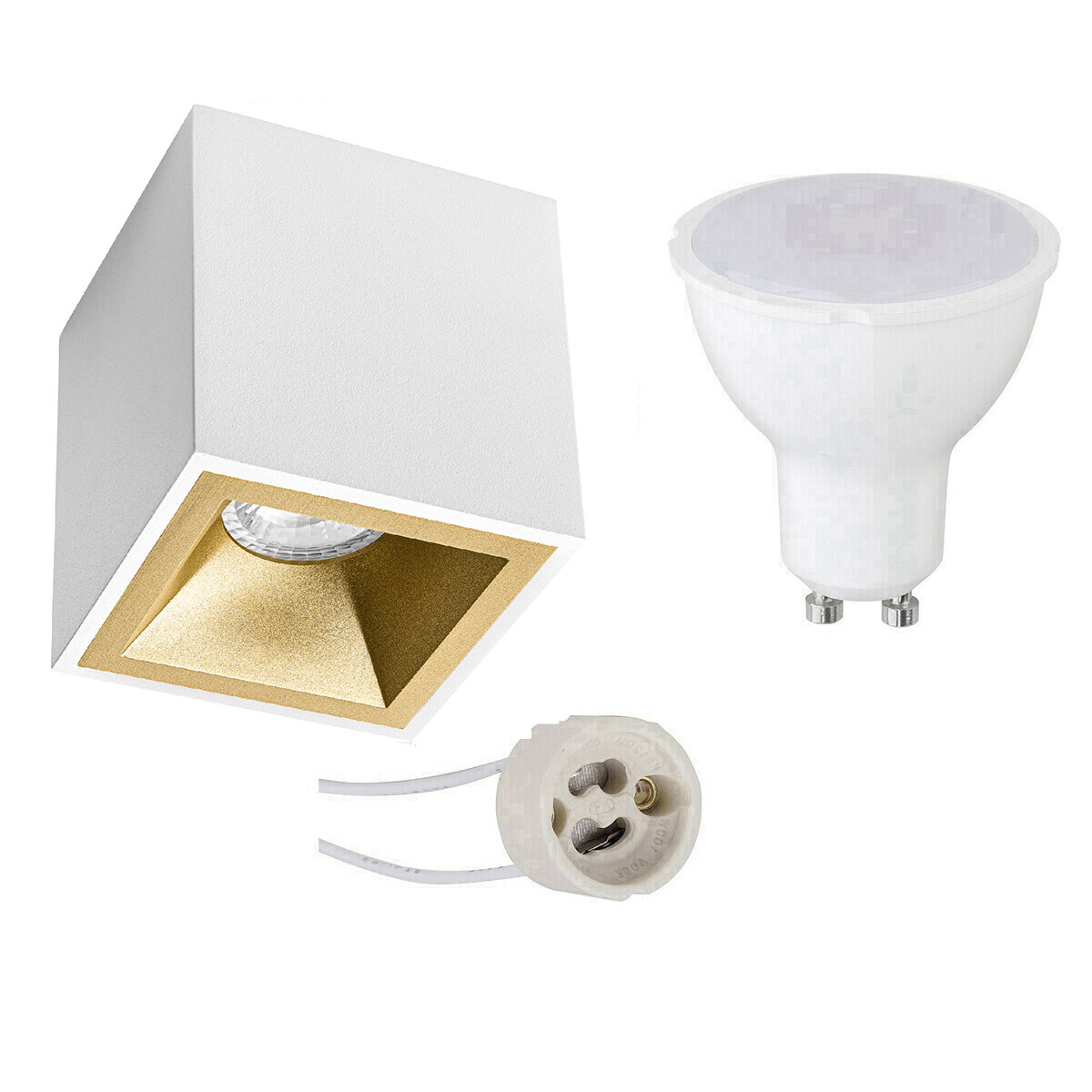 Ensemble de Spot de Plafond - Pragmi Cliron Pro - Douille GU10 - En Saillie Carré - Mat Blanc/Or - 4W - Blanc Neutre 4200K - Encastré - 90mm