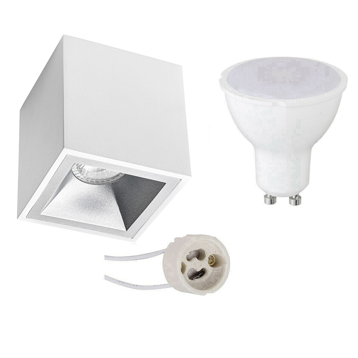 Ensemble de Spot de Plafond - Pragmi Cliron Pro - Douille GU10 - En Saillie Carré - Mat Blanc/Argent - 4W - Blanc Neutre 4200K - Encastré - 90mm