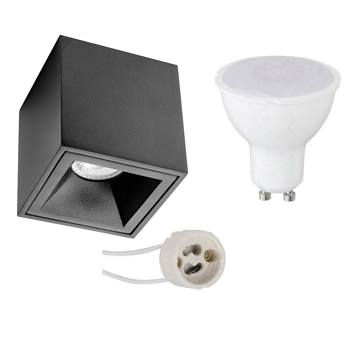 Ensemble de Spot de Plafond - Pragmi Cliron Pro - Douille GU10 - Dimmable - En Saillie Carré - Mat Noir - 6W - Blanc Froid 6400K - Encastré - 90mm