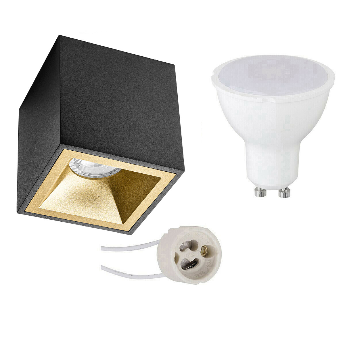 Ensemble de Spot de Plafond - Pragmi Cliron Pro - Douille GU10 - Dimmable - En Saillie Carré - Mat Noir/Or - 6W - Blanc Froid 6400K - Encastré - 90mm