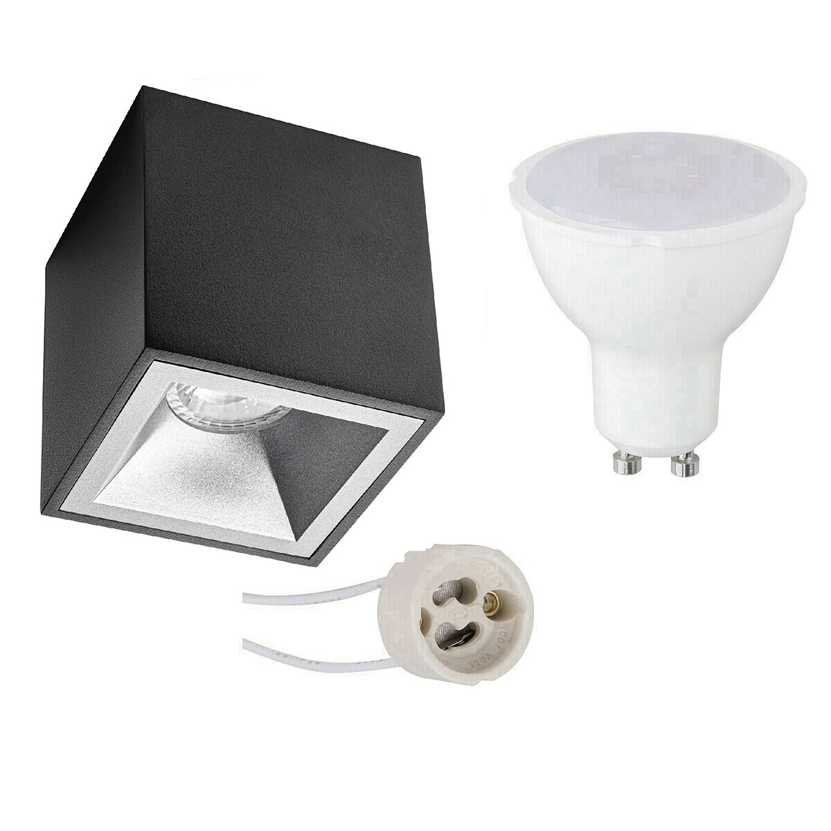 Ensemble de Spot de Plafond - Pragmi Cliron Pro - Douille GU10 - Dimmable - En Saillie Carré - Mat Noir/Argent - 6W - Blanc Froid 6400K - Encastré - 90mm