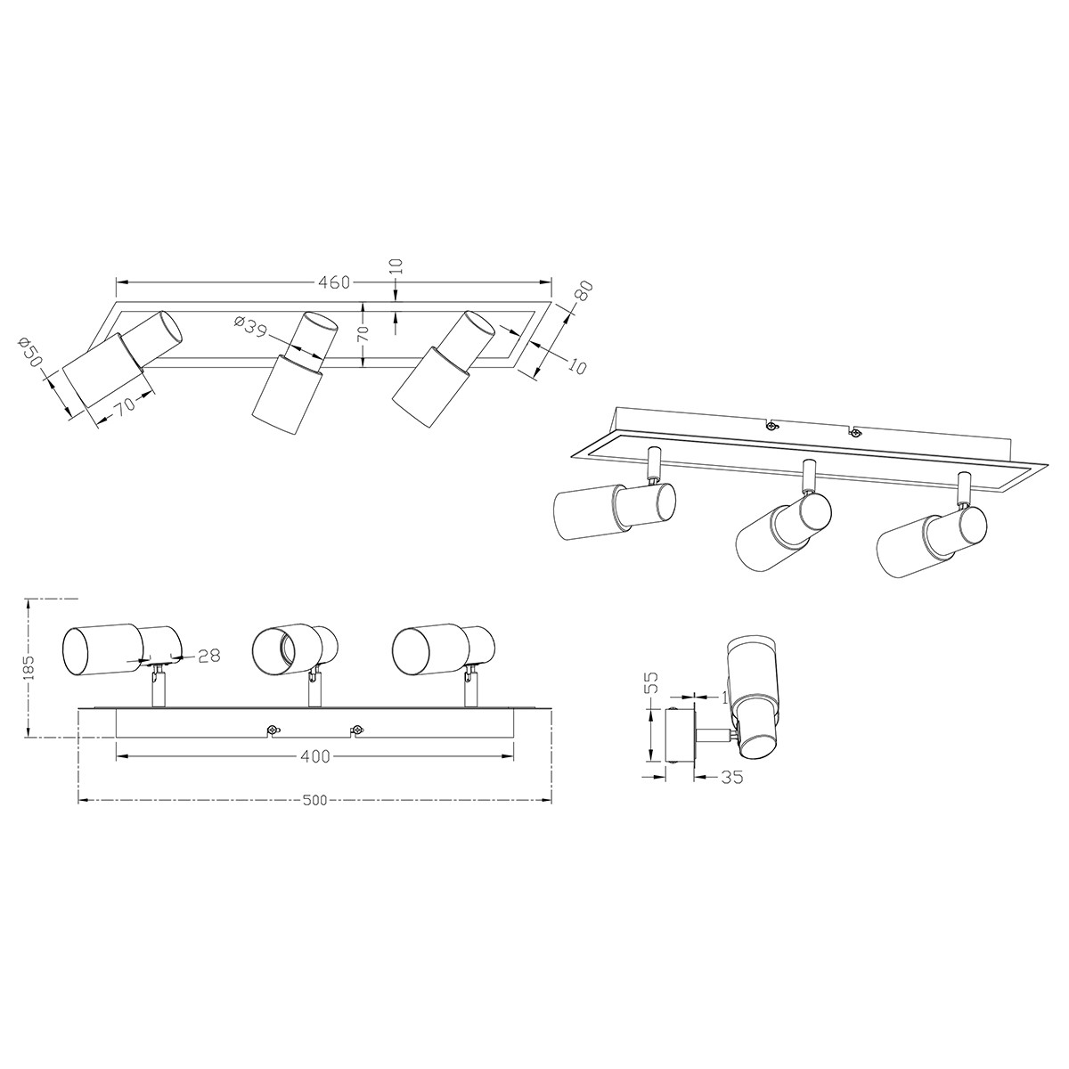 Spot de plafond LED - Trion Clupo - 12W - Blanc Chaud 3000K - 3-lumières - Rectangle - Mat Chrome - Aluminium - LEDs OSRAM