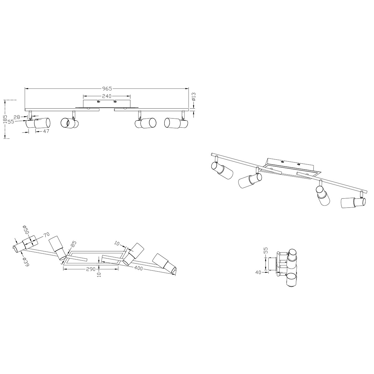 Spot de plafond LED - Trion Clupo - 16W - Blanc Chaud 3000K - 4-lumières - Rectangle - Mat Chrome - Aluminium - LEDs OSRAM