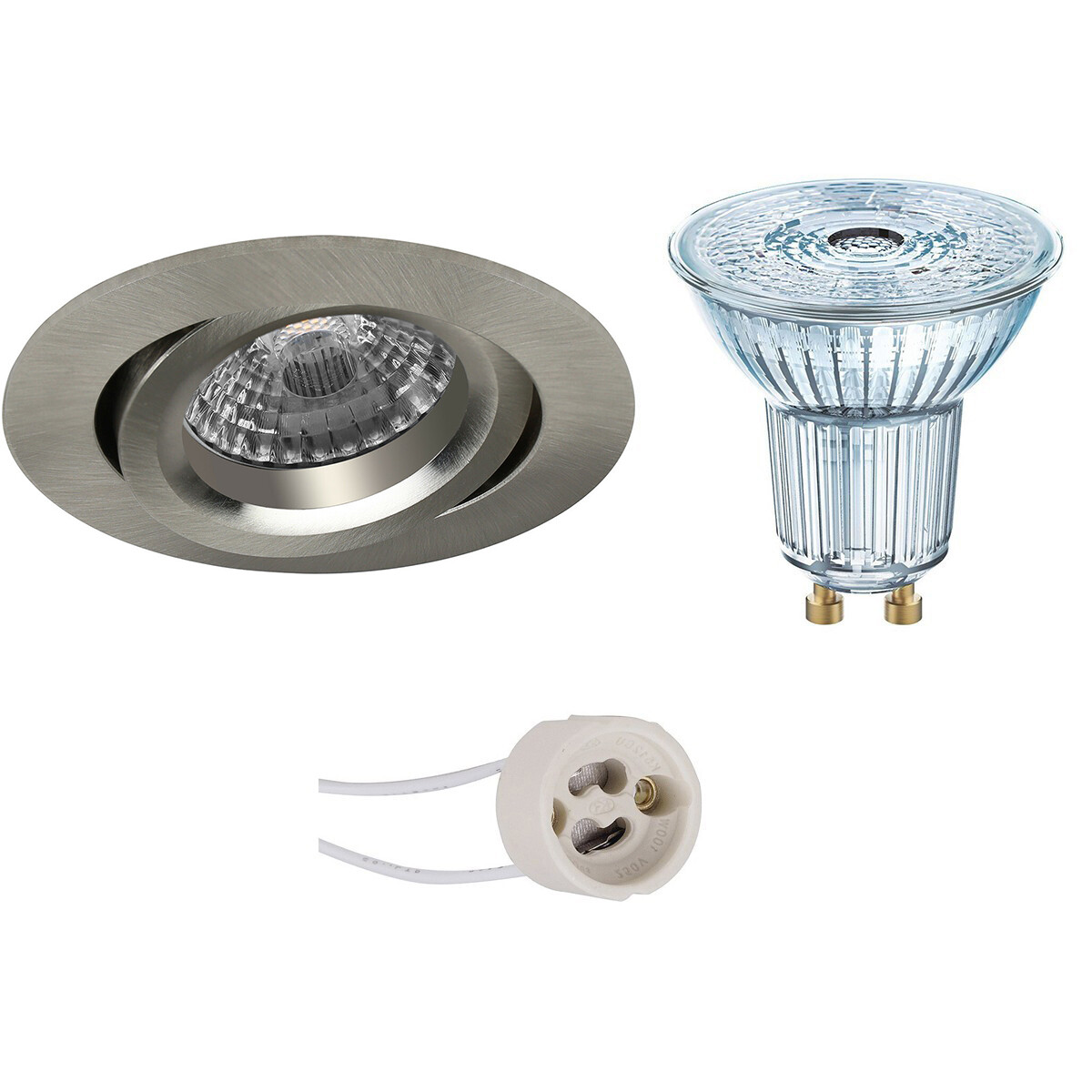 Set de spots LED - LEDVANCE Parathom PAR16 927 36D - Pragmi Aerony Pro - Douille GU10 - Dimmable - Rond Encastré - Mat Nickel - 3.4W - Blanc Chaud 2700K - Inclinable - Ø82mm