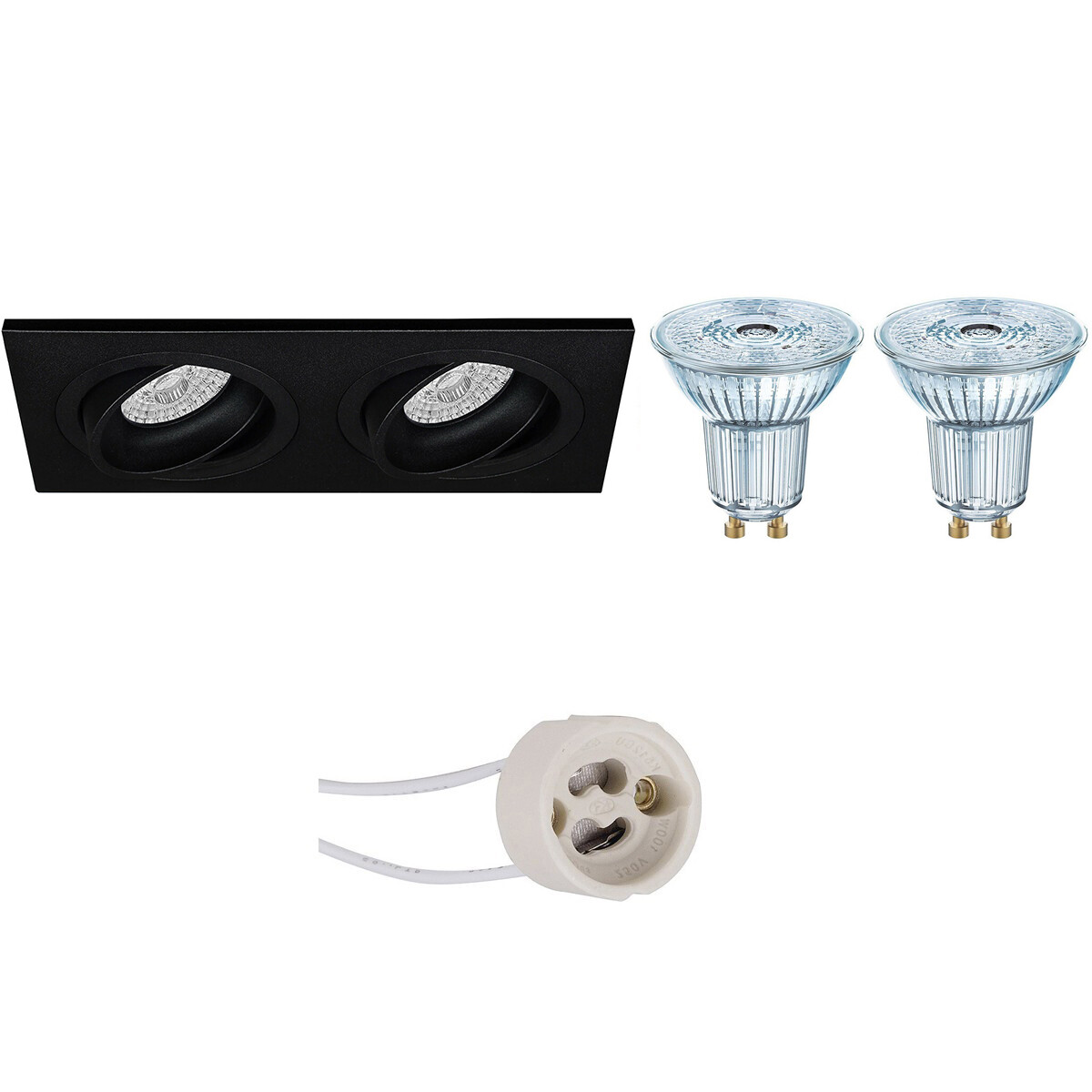 Set de spots LED - LEDVANCE Parathom PAR16 927 36D - Pragmi Borny Pro - Douille GU10 - Dimmable - Double Rectangulaire Encastré - Mat Noir - 3.4W - Blanc Chaud 2700K - Inclinable - 175x92mm