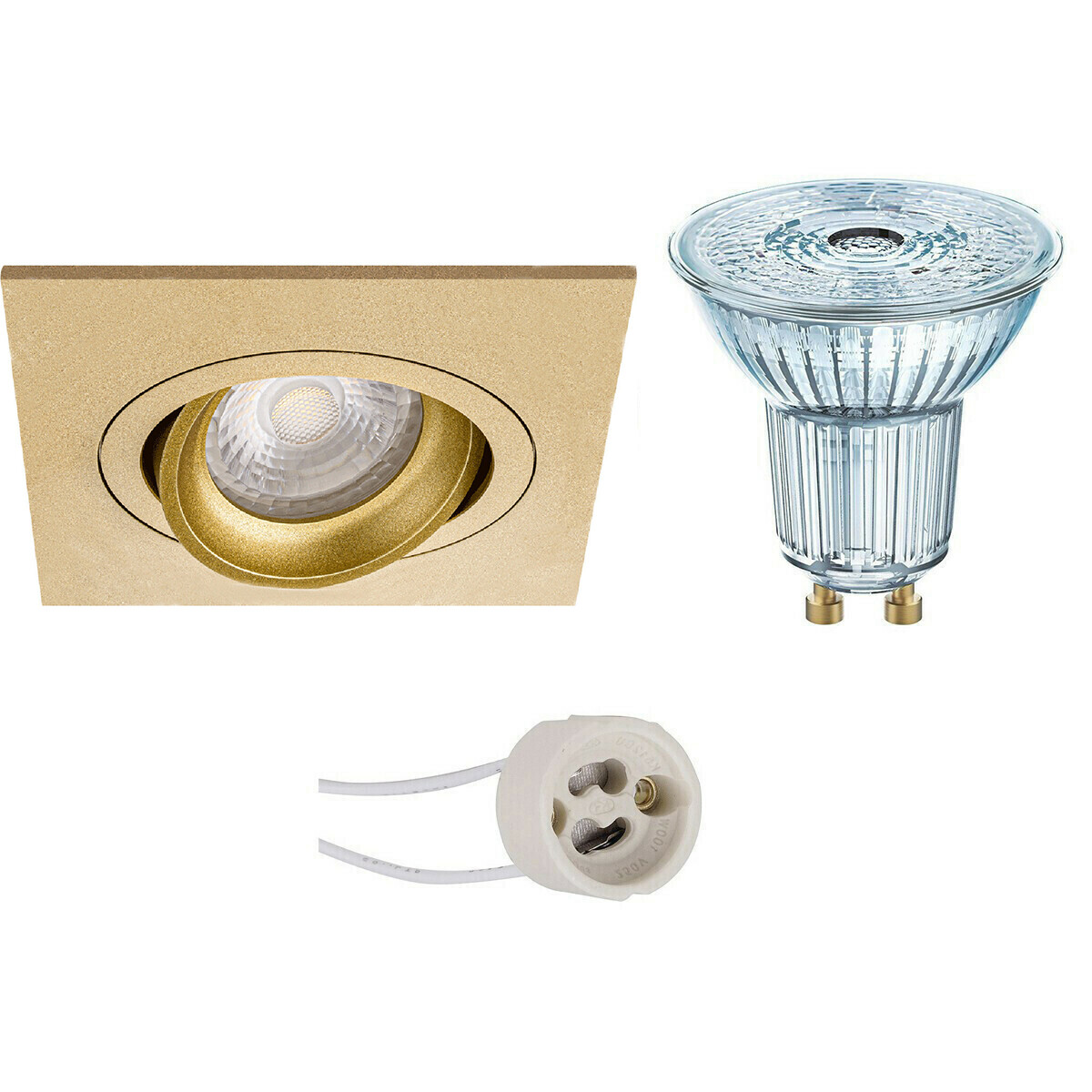 Set de spots LED - LEDVANCE Parathom PAR16 930 36D - Pragmi Borny Pro - Douille GU10 - Dimmable - Carré Encastré - Mat Or - 3.4W - Blanc Chaud 3000K - Inclinable - 92mm