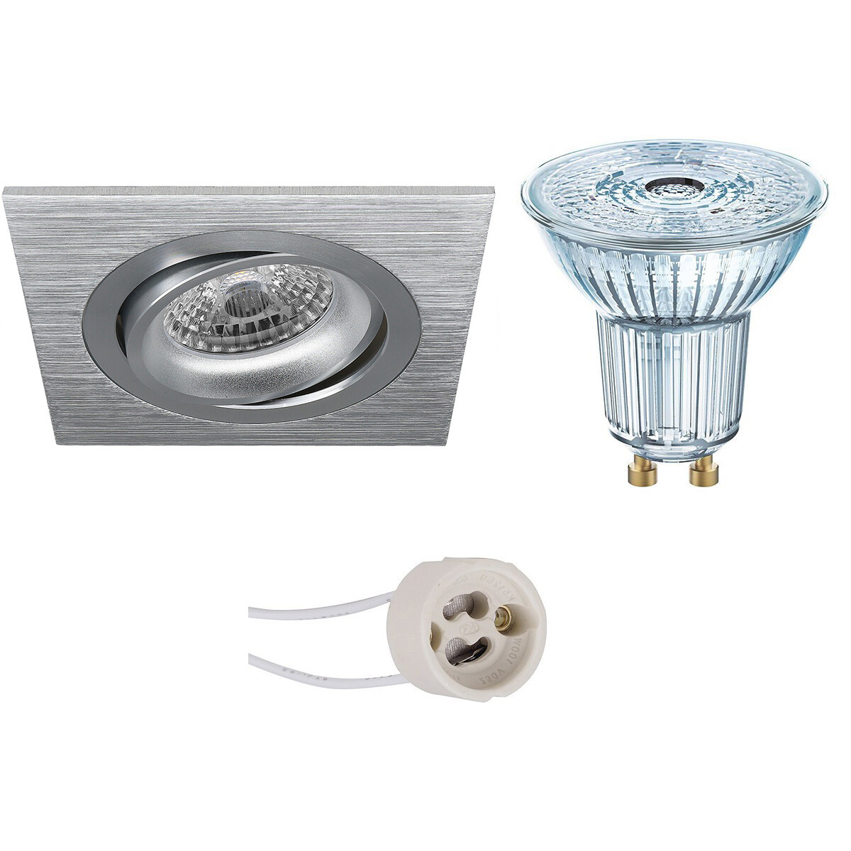 Set de spots LED - LEDVANCE Parathom PAR16 927 36D - Pragmi Borny Pro - Douille GU10 - Dimmable - Carré Encastré - Mat Argent - 3.4W - Blanc Chaud 2700K - Inclinable - 92mm