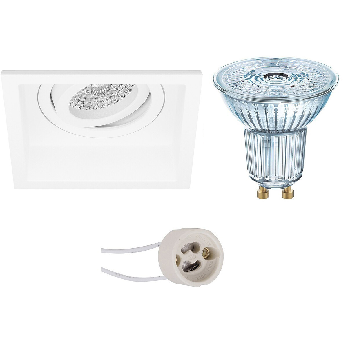 Set de spots LED - LEDVANCE Parathom PAR16 927 36D - Pragmi Domy Pro - Douille GU10 - Dimmable - Carré Encastré - Mat Blanc - 3.4W - Blanc Chaud 2700K - Encastré - Inclinable - 105mm