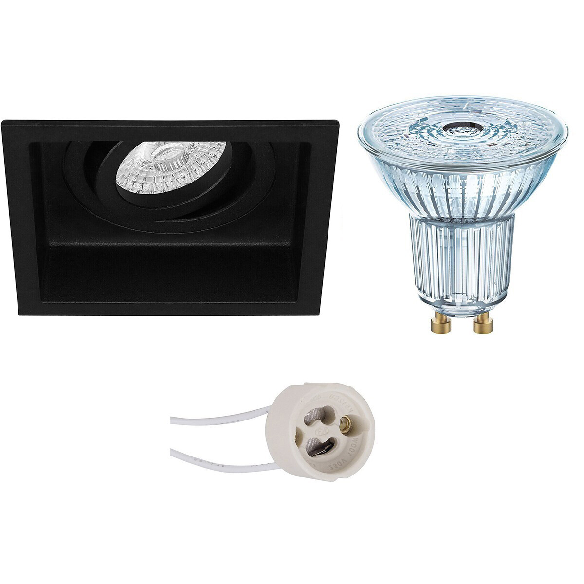 Set de spots LED - LEDVANCE Parathom PAR16 927 36D - Pragmi Domy Pro - Douille GU10 - Dimmable - Carré Encastré - Mat Noir - 3.4W - Blanc Chaud 2700K - Encastré - Inclinable - 105mm